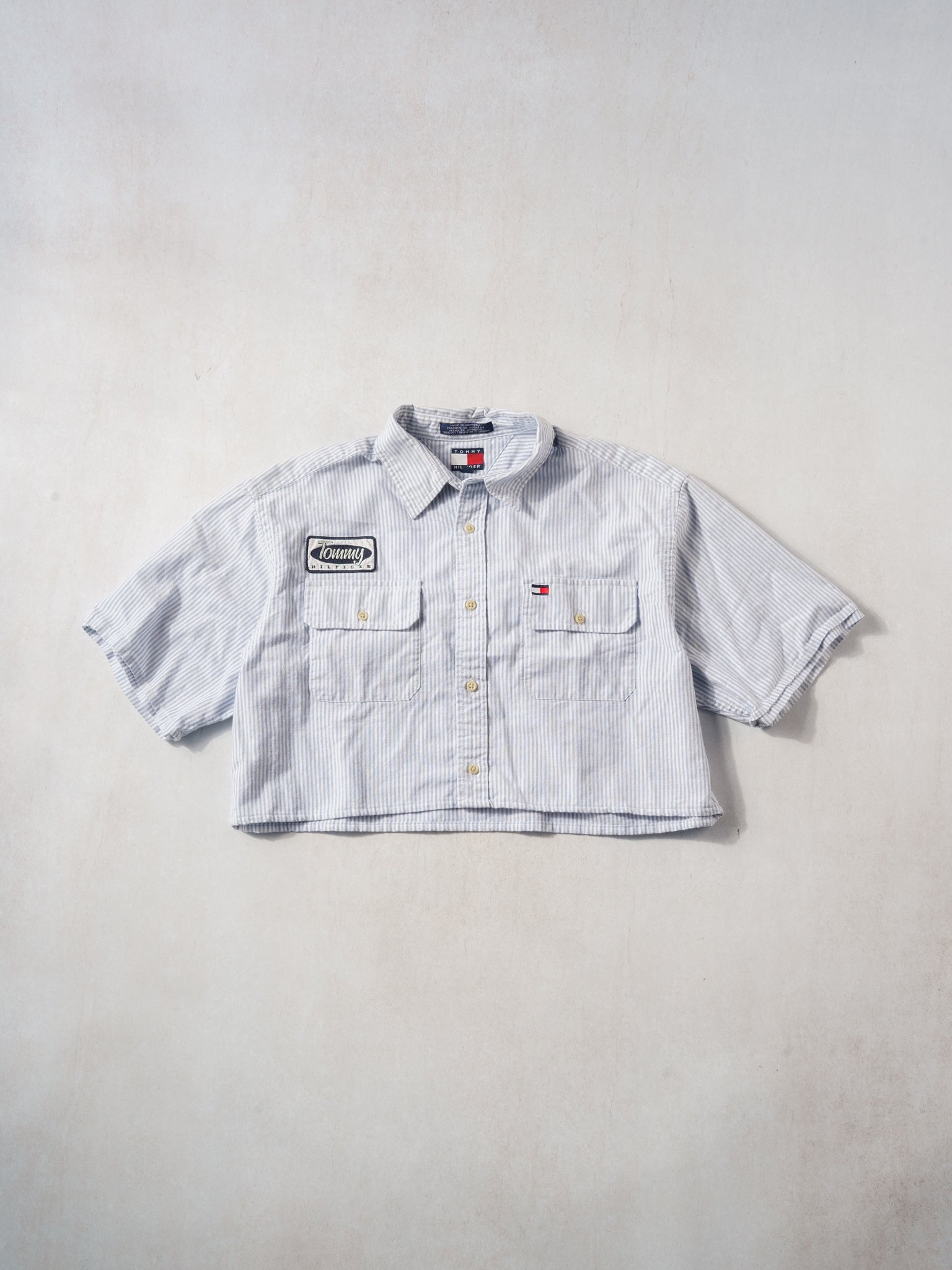 Vintage 90s White and Blue Stripe Tommy Hilfiger Collared Short Sleeve Button Up (M)