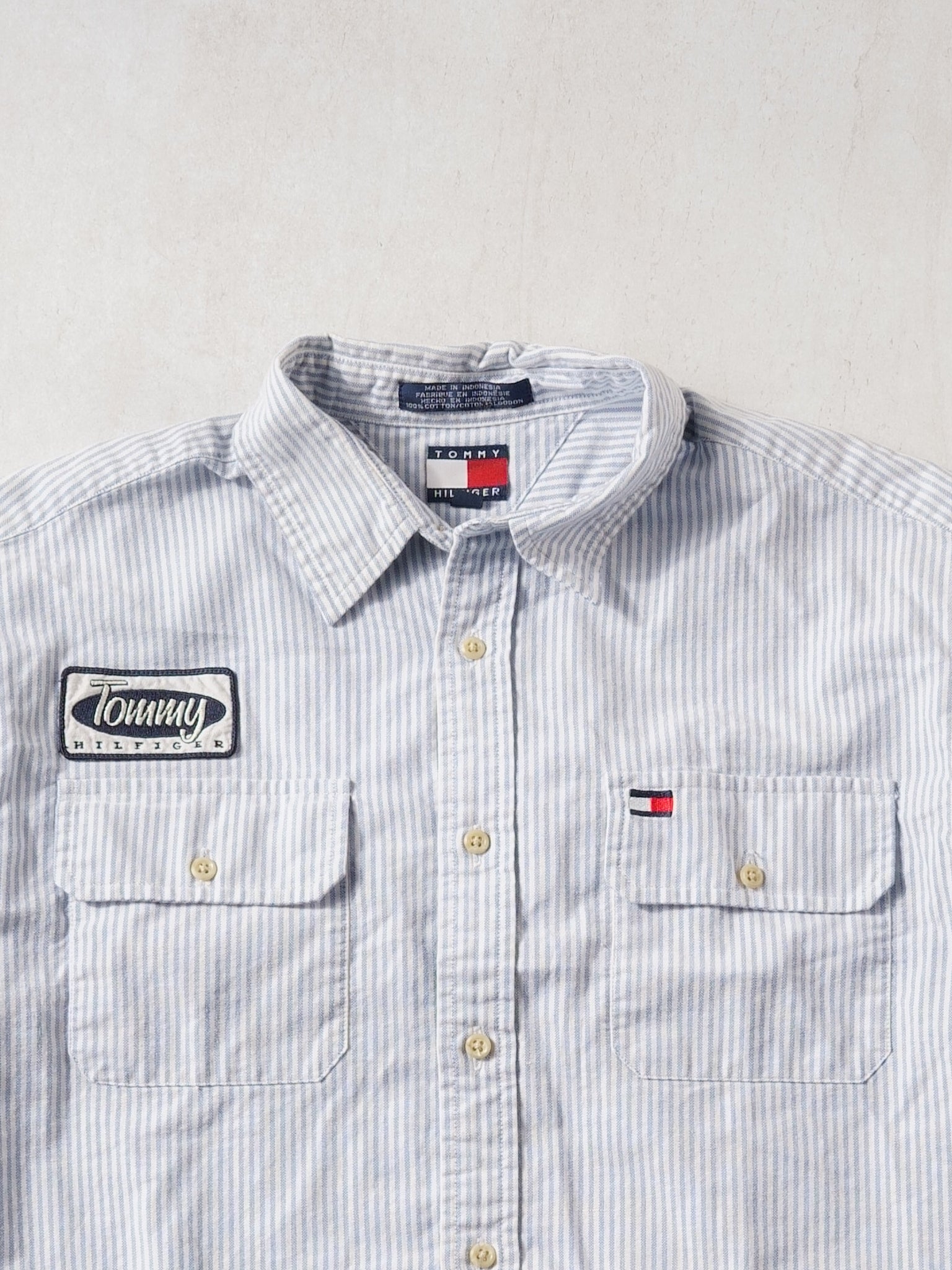 Vintage 90s White and Blue Stripe Tommy Hilfiger Collared Short Sleeve Button Up (M)