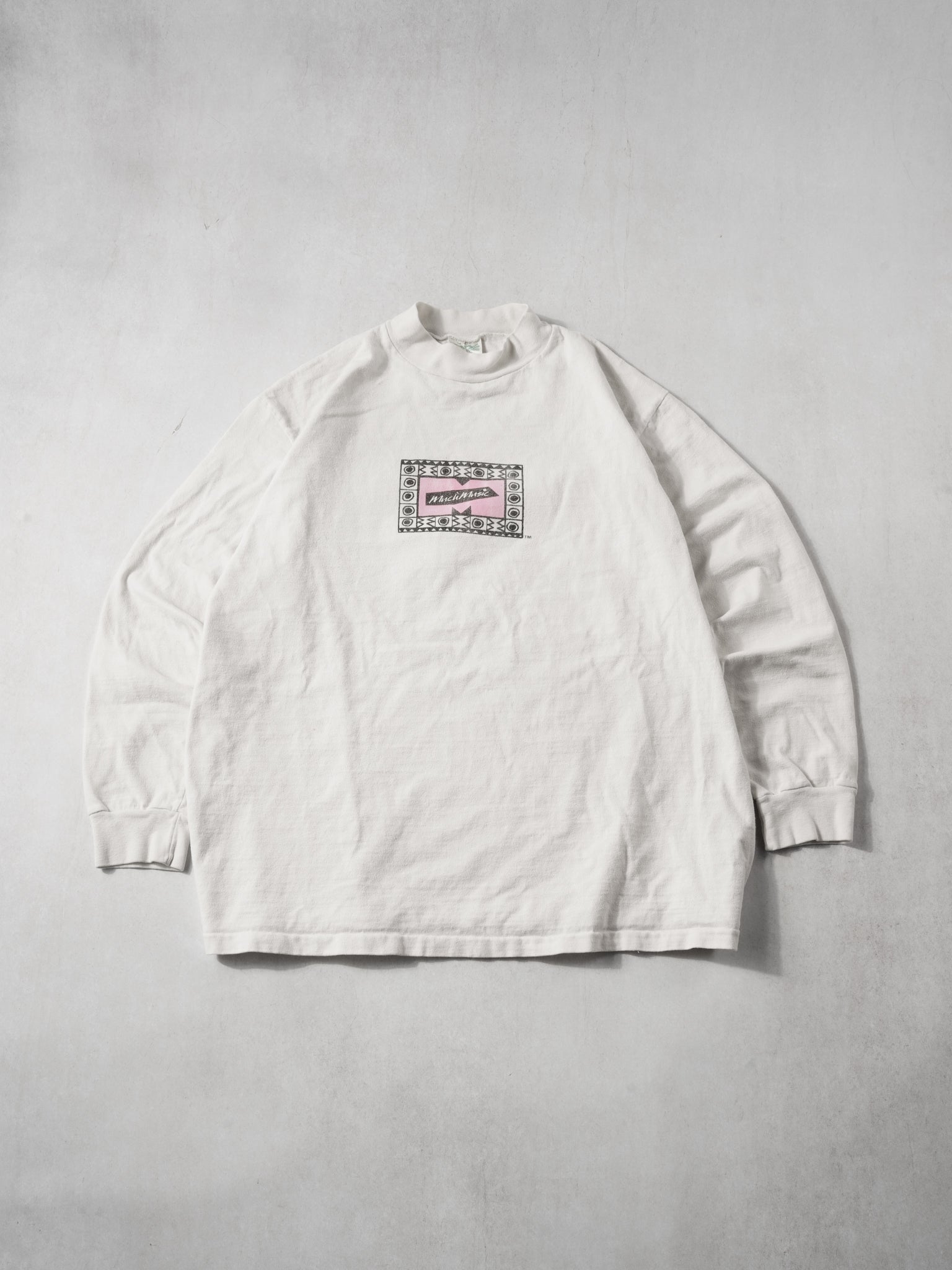 Vintage 90s RARE White and Pink Much Music Mockneck (L)