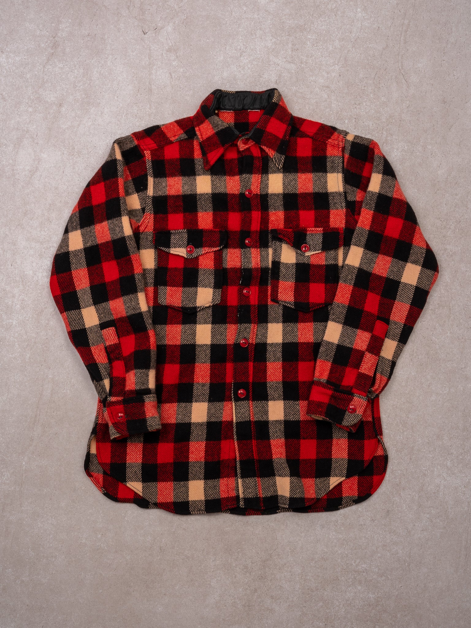 Vintage 70s Red + Beige + Black Wool Flannel (S)