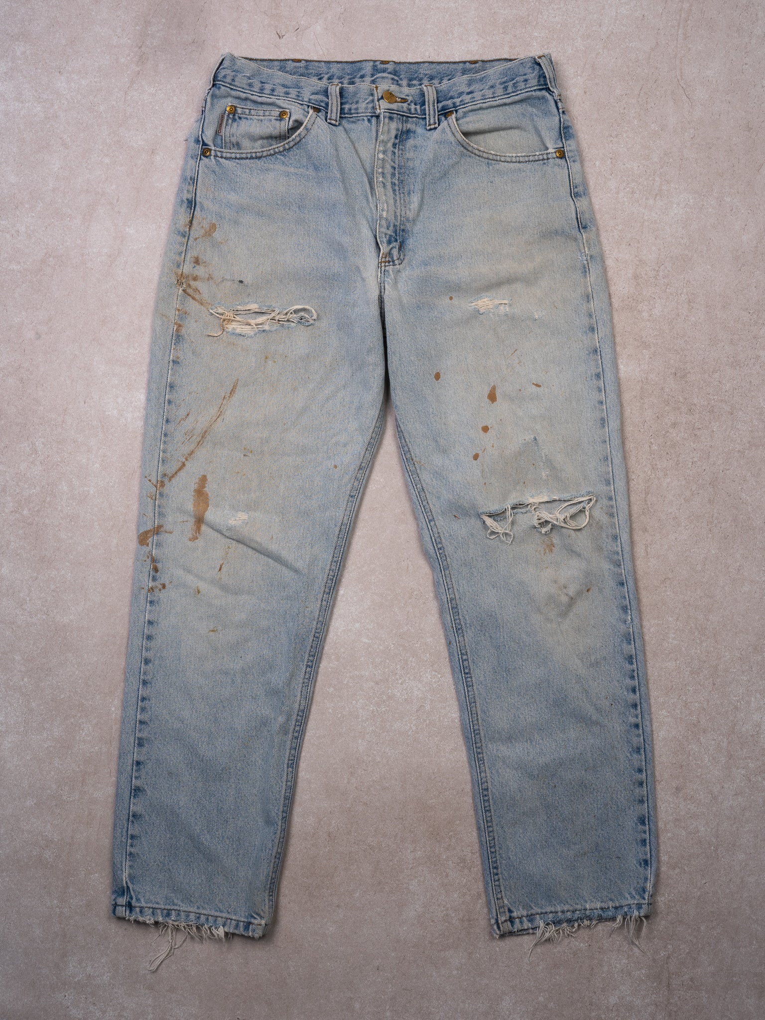 Vintage Rugged Light Washed Blue Carhartt Ripped Jeans (32 x 30)