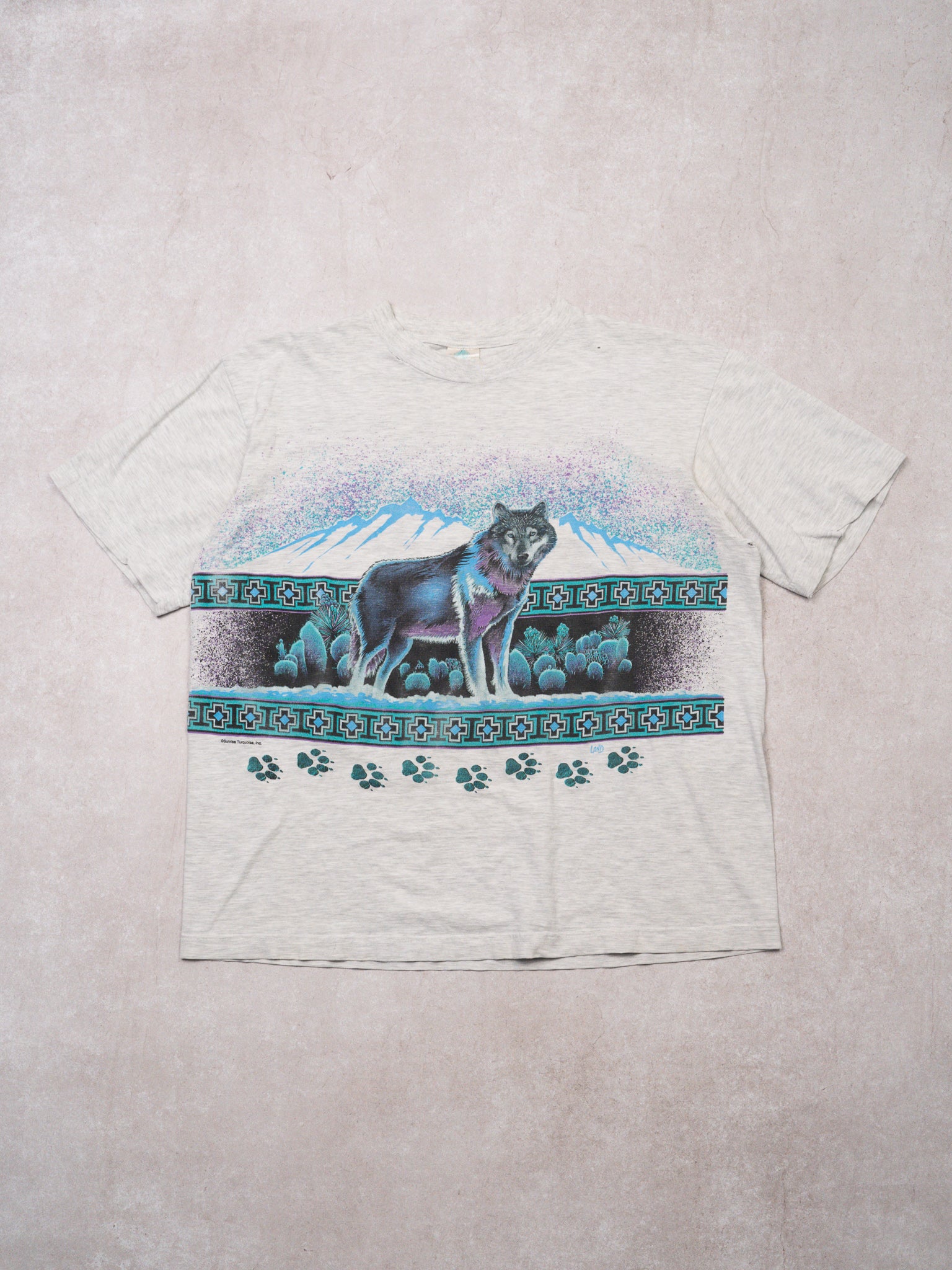 Vintage 90s Grey + Blue Wolf Mountain Tee (L)