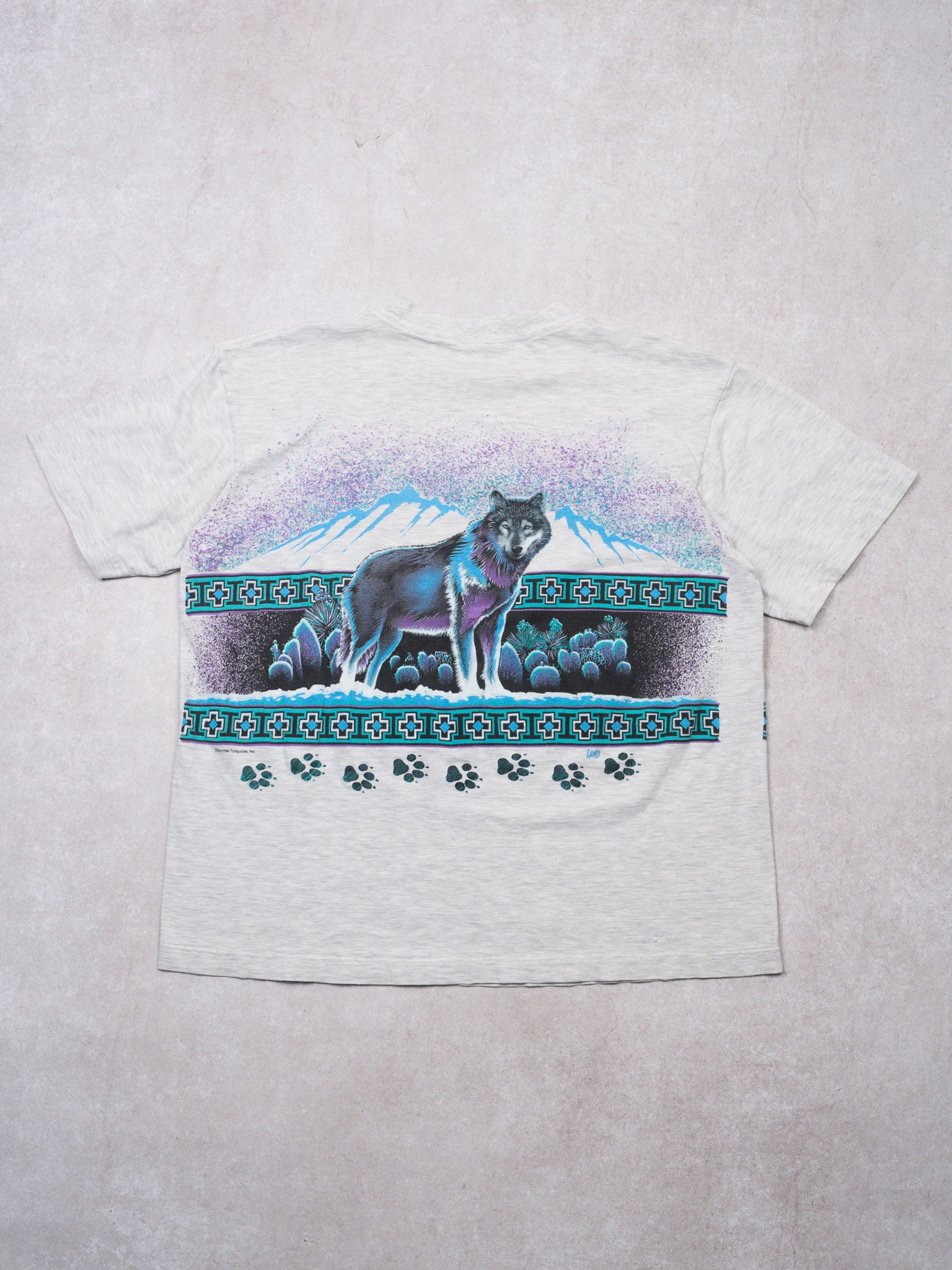 Vintage 90s Grey + Blue Wolf Mountain Tee (L)