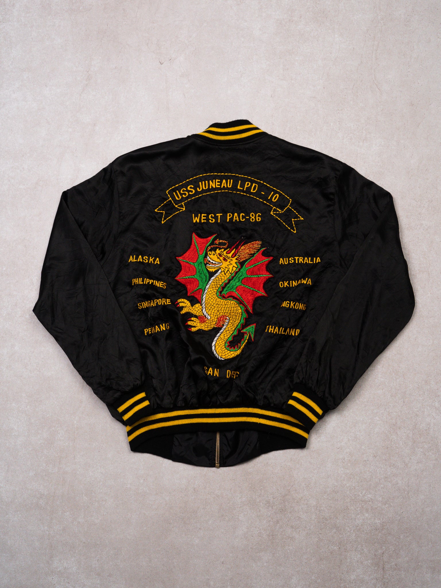 Vintage 80s Black USS Juneau LPD-10 Satin Bomber Jacket (M/L)