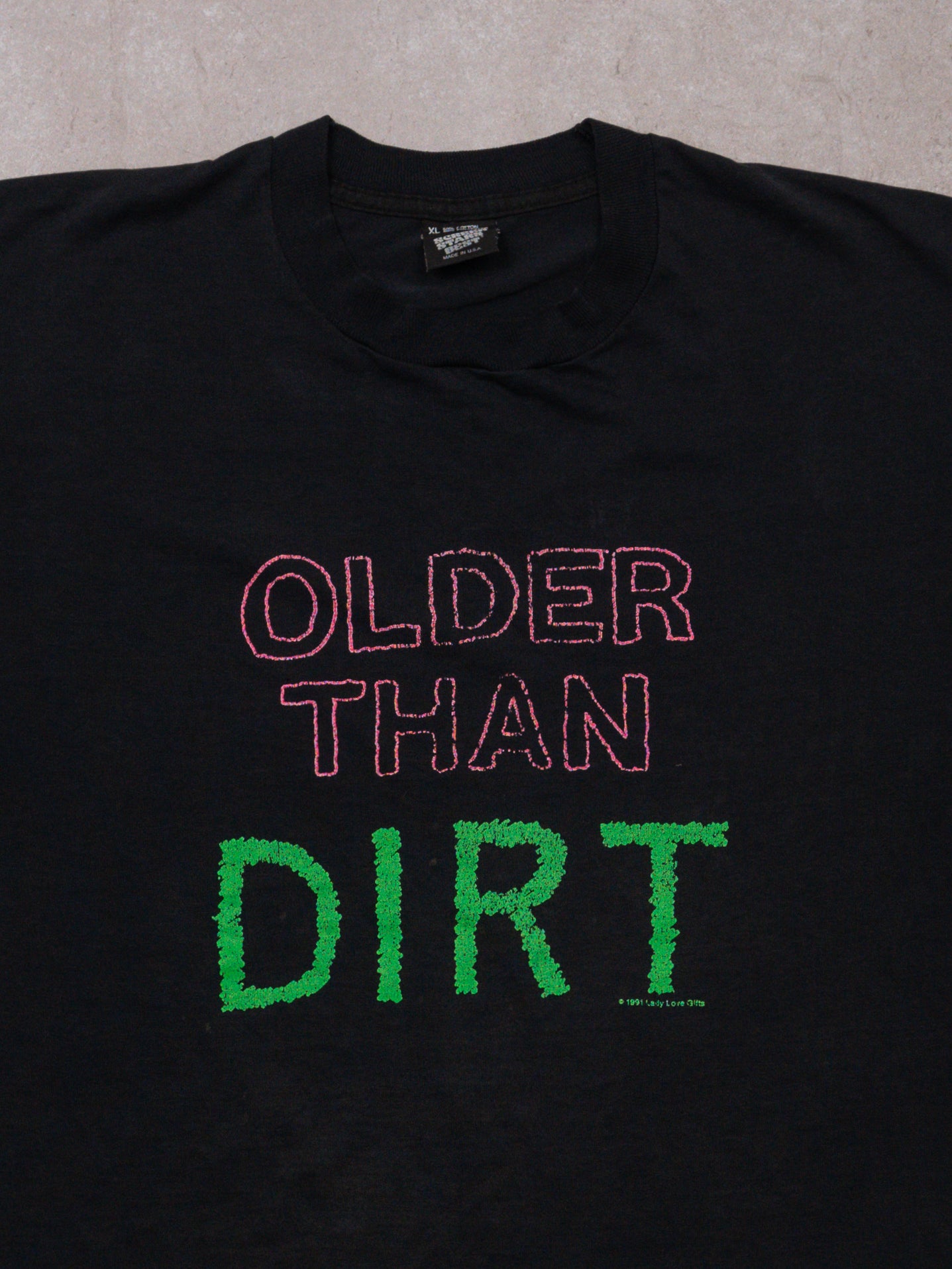Vintage 90s Single Stitch Washed Black Older Than Dirt Tee (L)