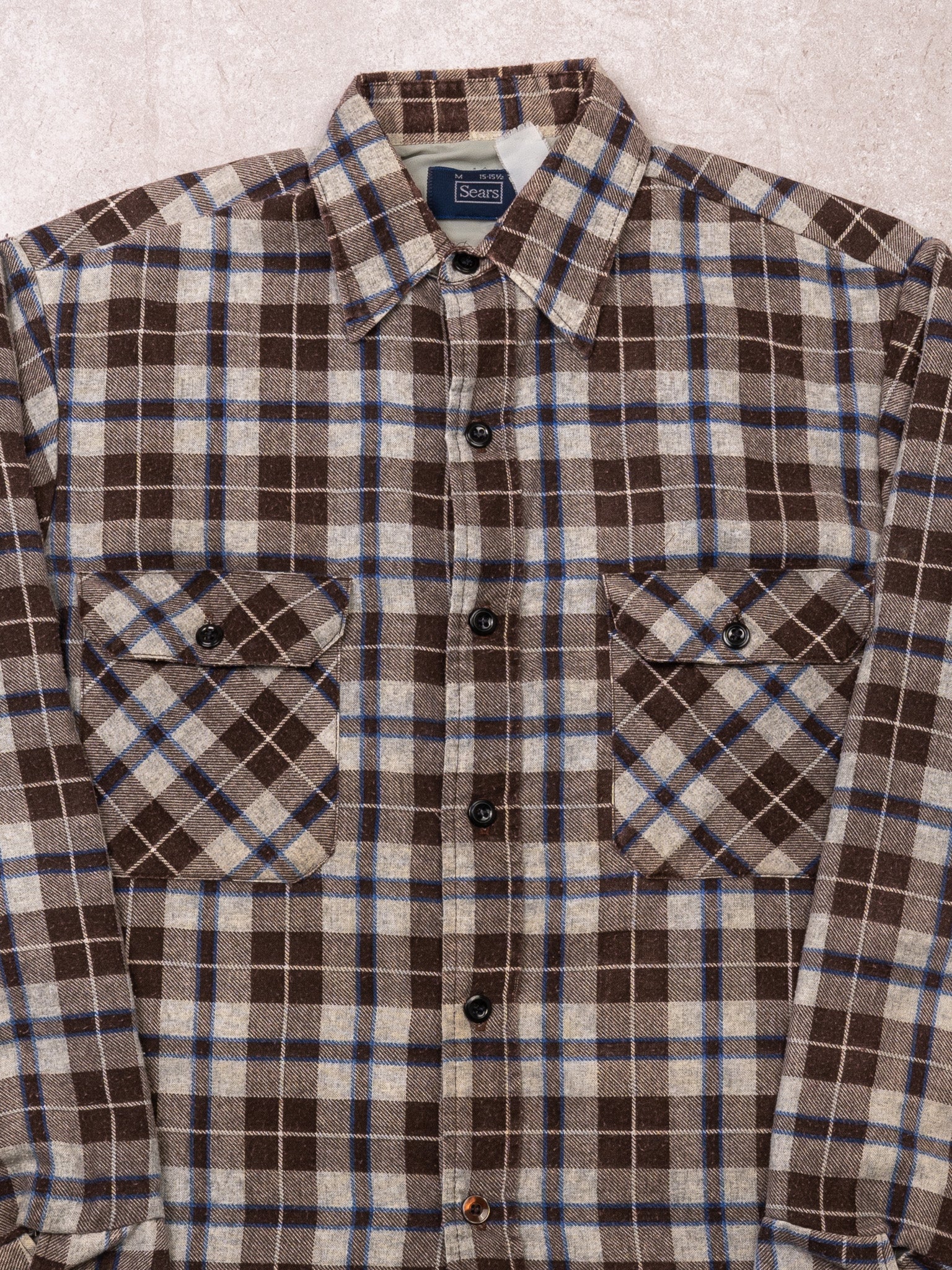 Vintage 70s Brown + Grey Sears Insulated Plaid Light Jacket (M)