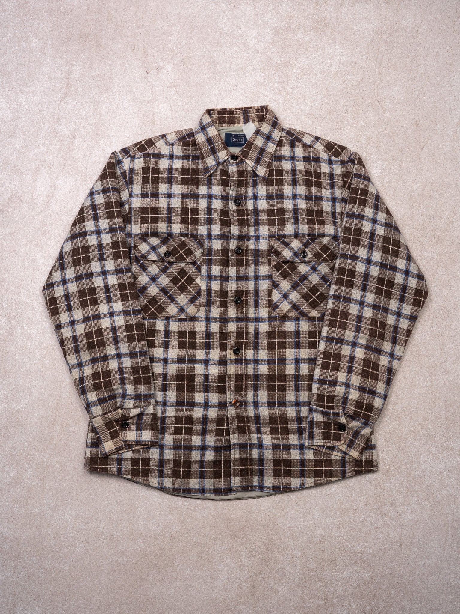 Vintage 70s Brown + Grey Sears Insulated Plaid Light Jacket (M)