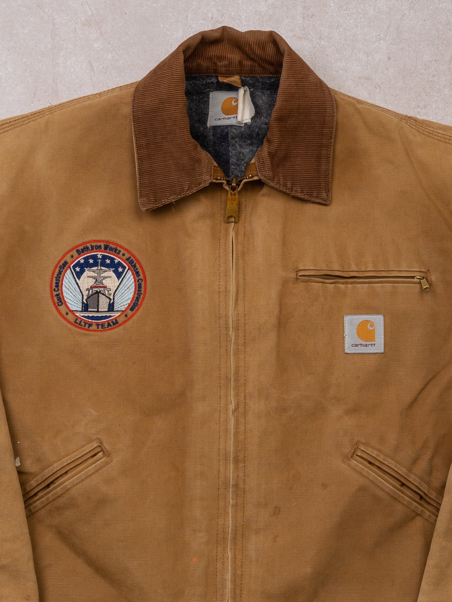 Vintage Camel Clark Construction Carhartt lined Detroit Jacket (M)