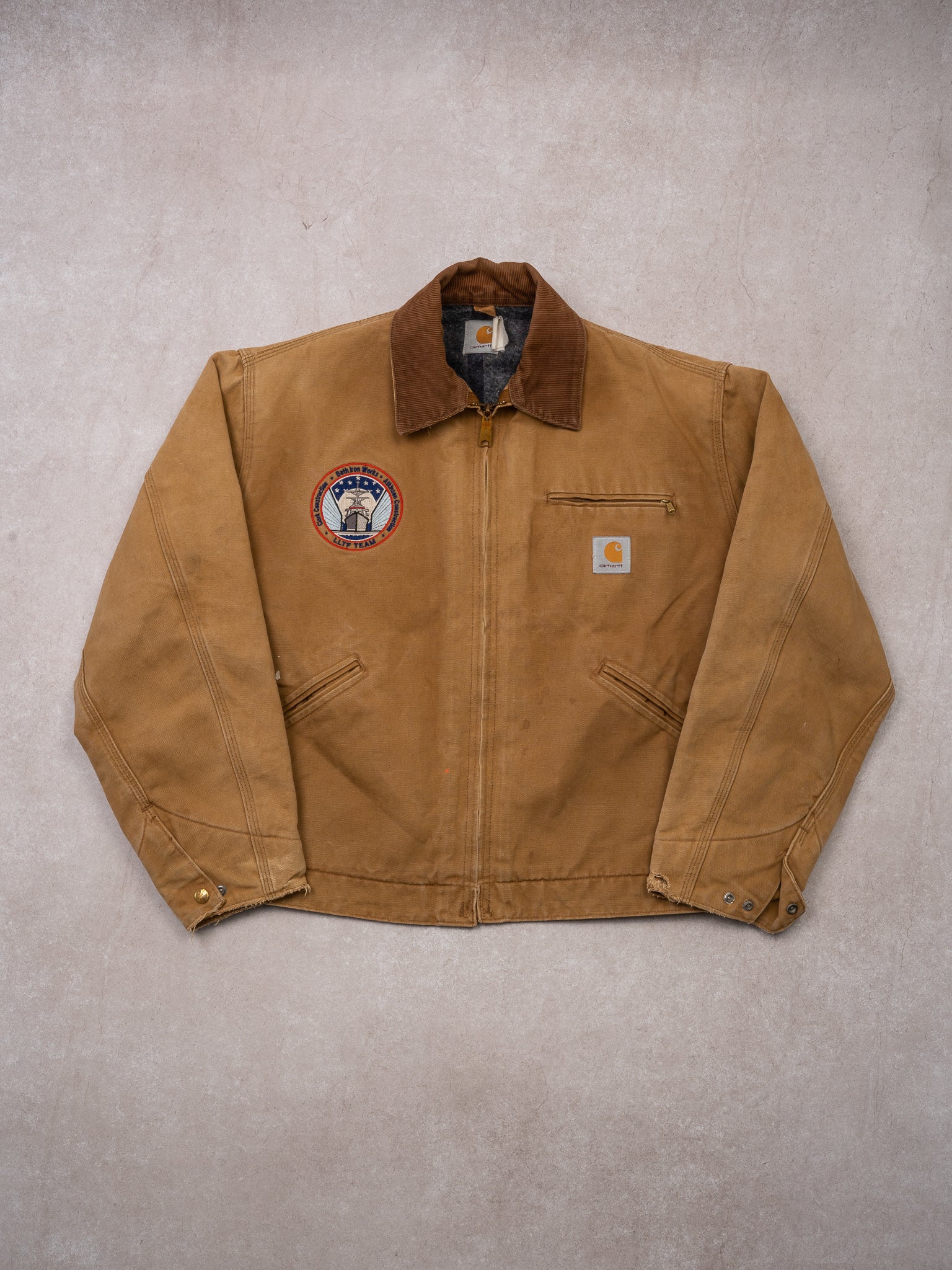 Vintage Camel Clark Construction Carhartt lined Detroit Jacket (M)