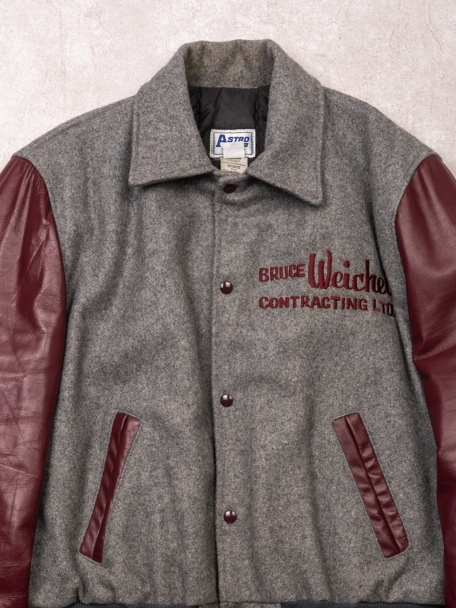 Vintage 80s Grey + Maroon Bruce Weichel Leather Varsity Jacket (L)