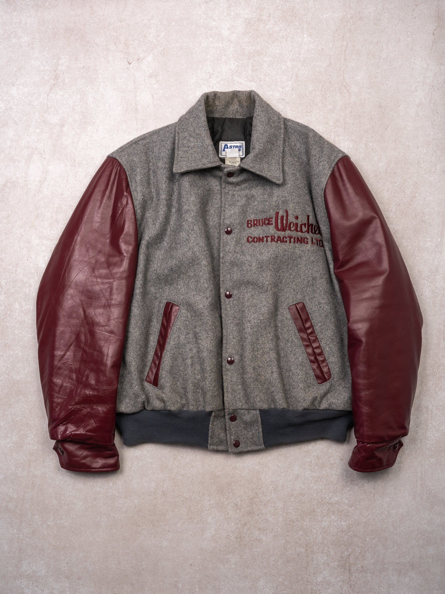 Vintage 80s Grey + Maroon Bruce Weichel Leather Varsity Jacket (L)