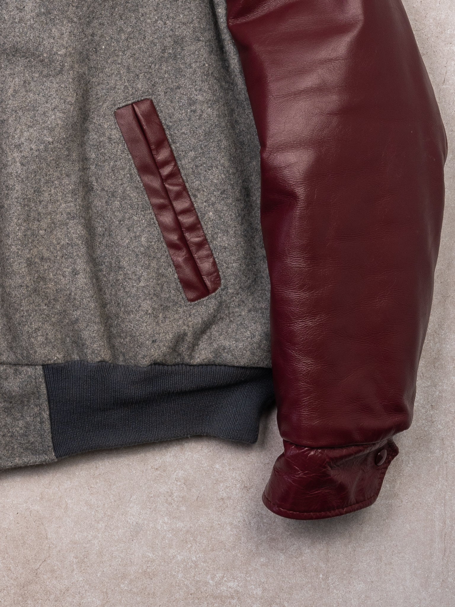 Vintage 80s Grey + Maroon Bruce Weichel Leather Varsity Jacket (L)