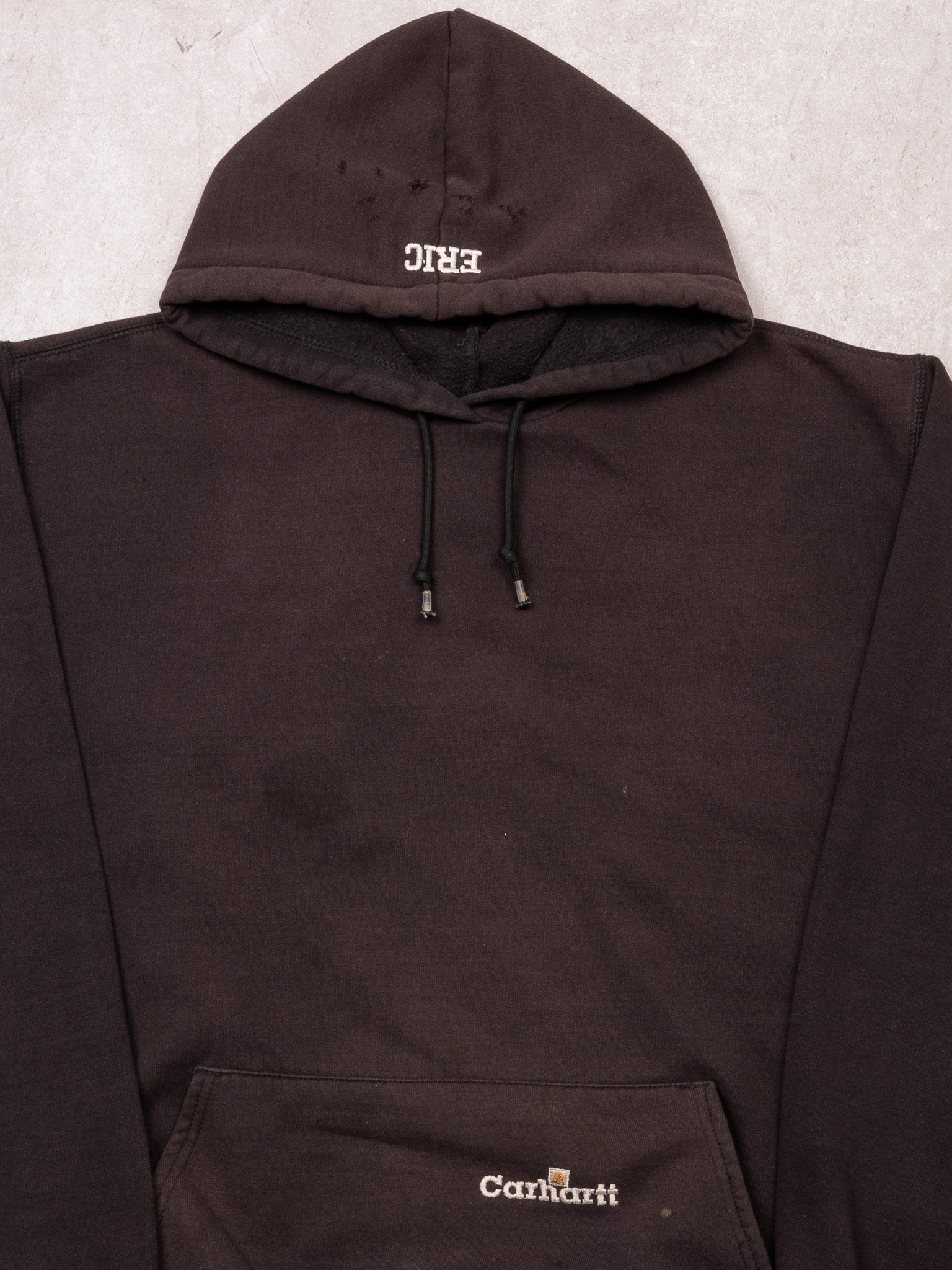 Vintage Rugged Faded Black Carhartt Building Construction Hoodie (L)