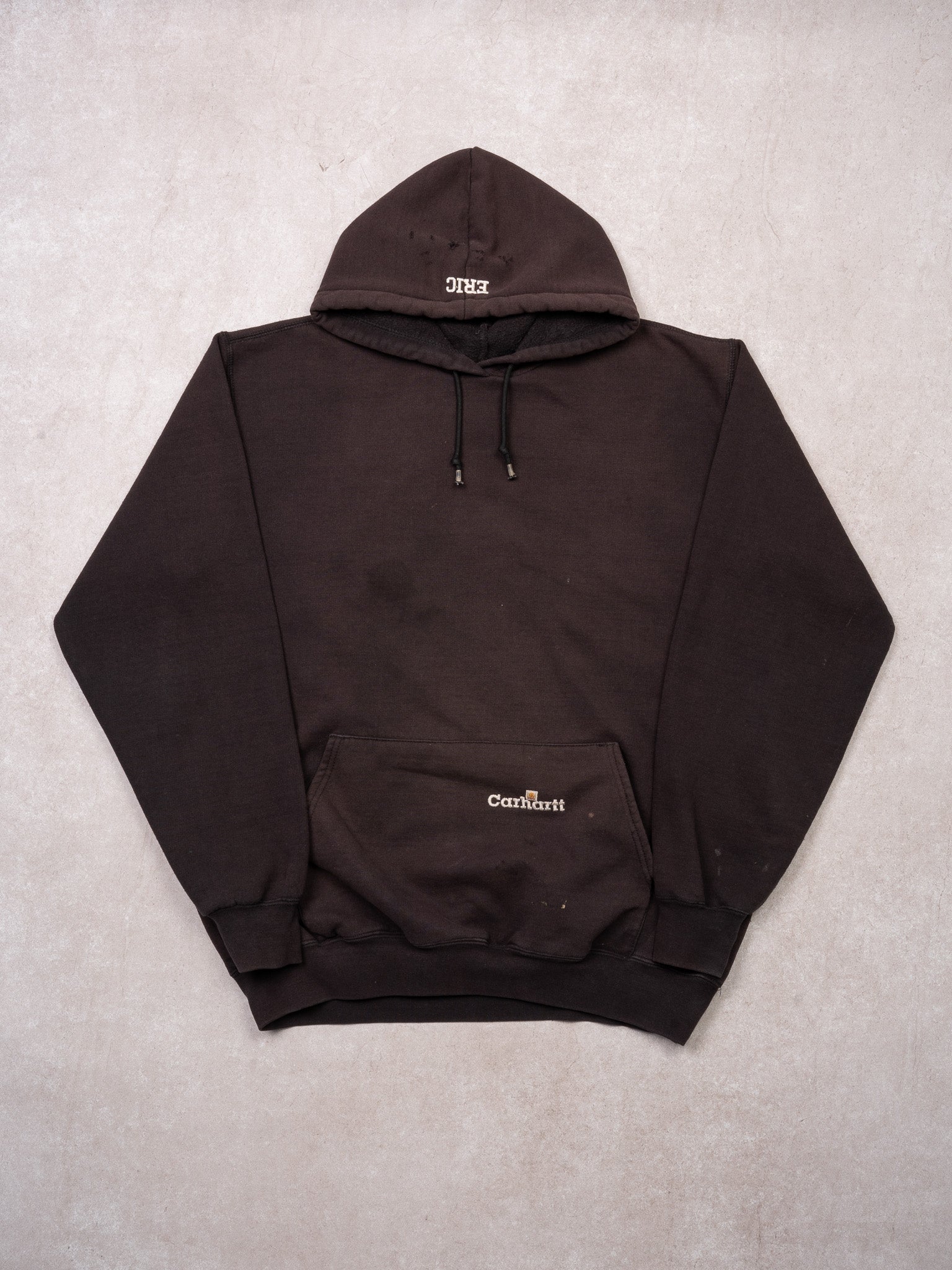 Vintage Rugged Faded Black Carhartt Building Construction Hoodie (L)