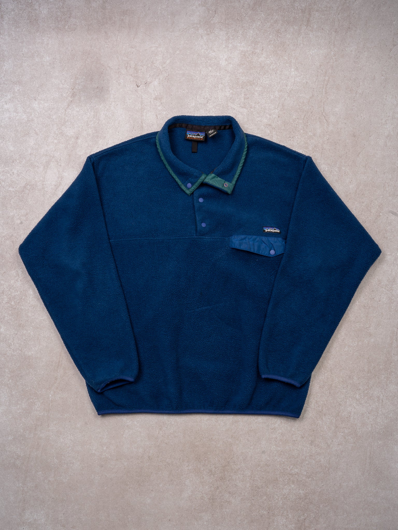 Vintage 90s Blue + Green Patagonia 1/4 Button Fleece Sweater (L)