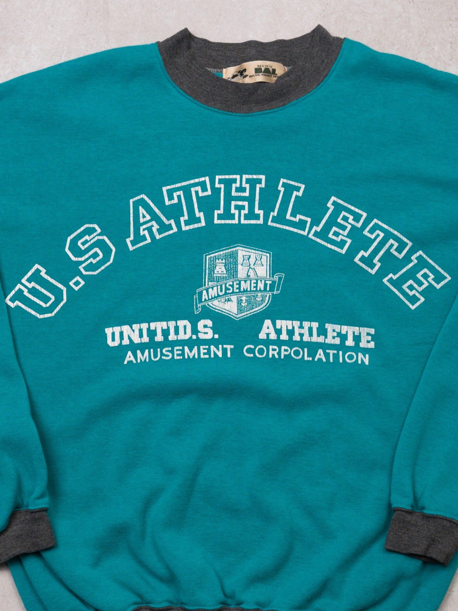 Vintage 70s Aqua + Grey U.S Athlete Crewneck (L)