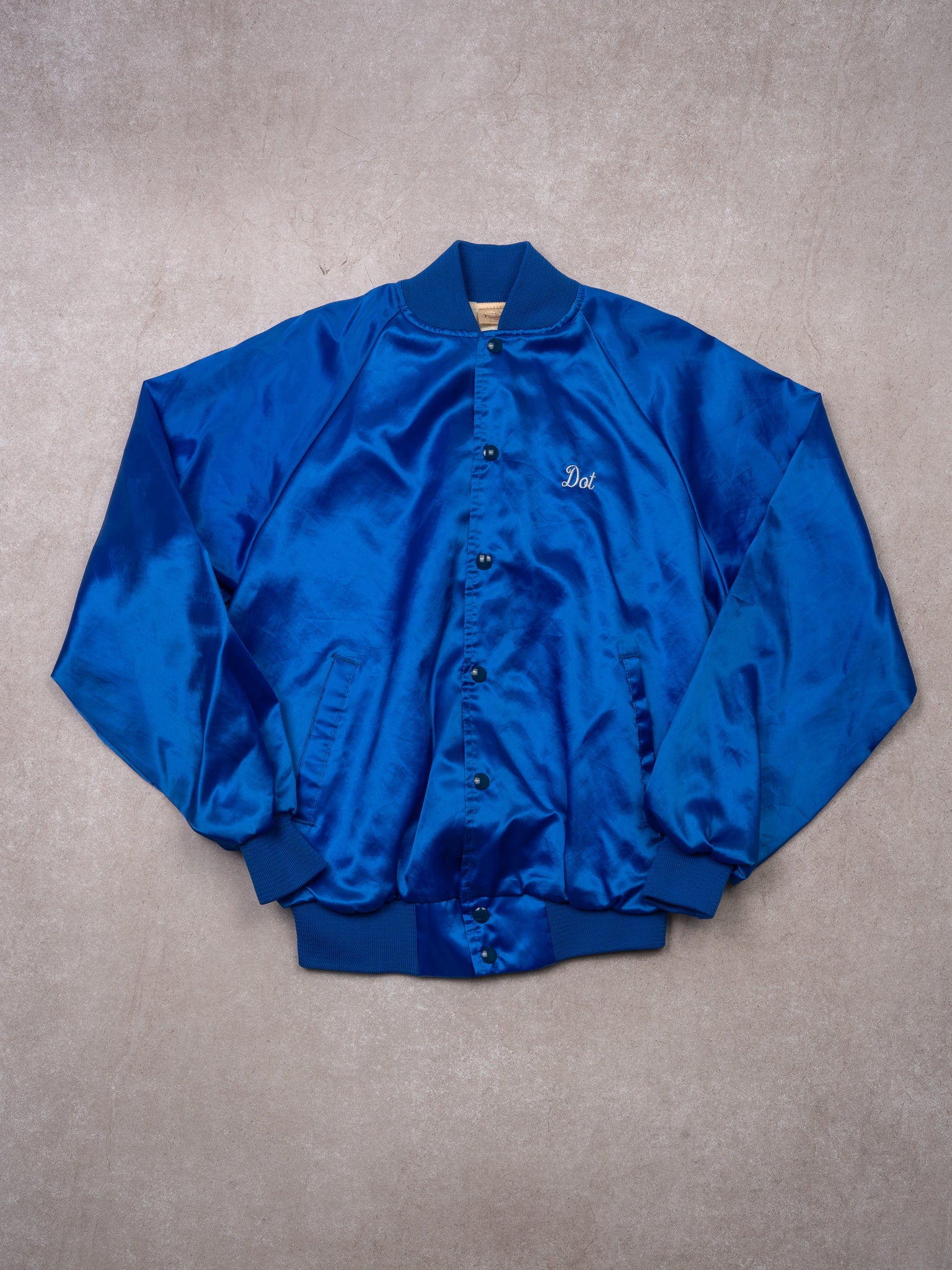 Vintage 70s Blue K Mart New Smyrna Beach FL Satin Bomber (M)