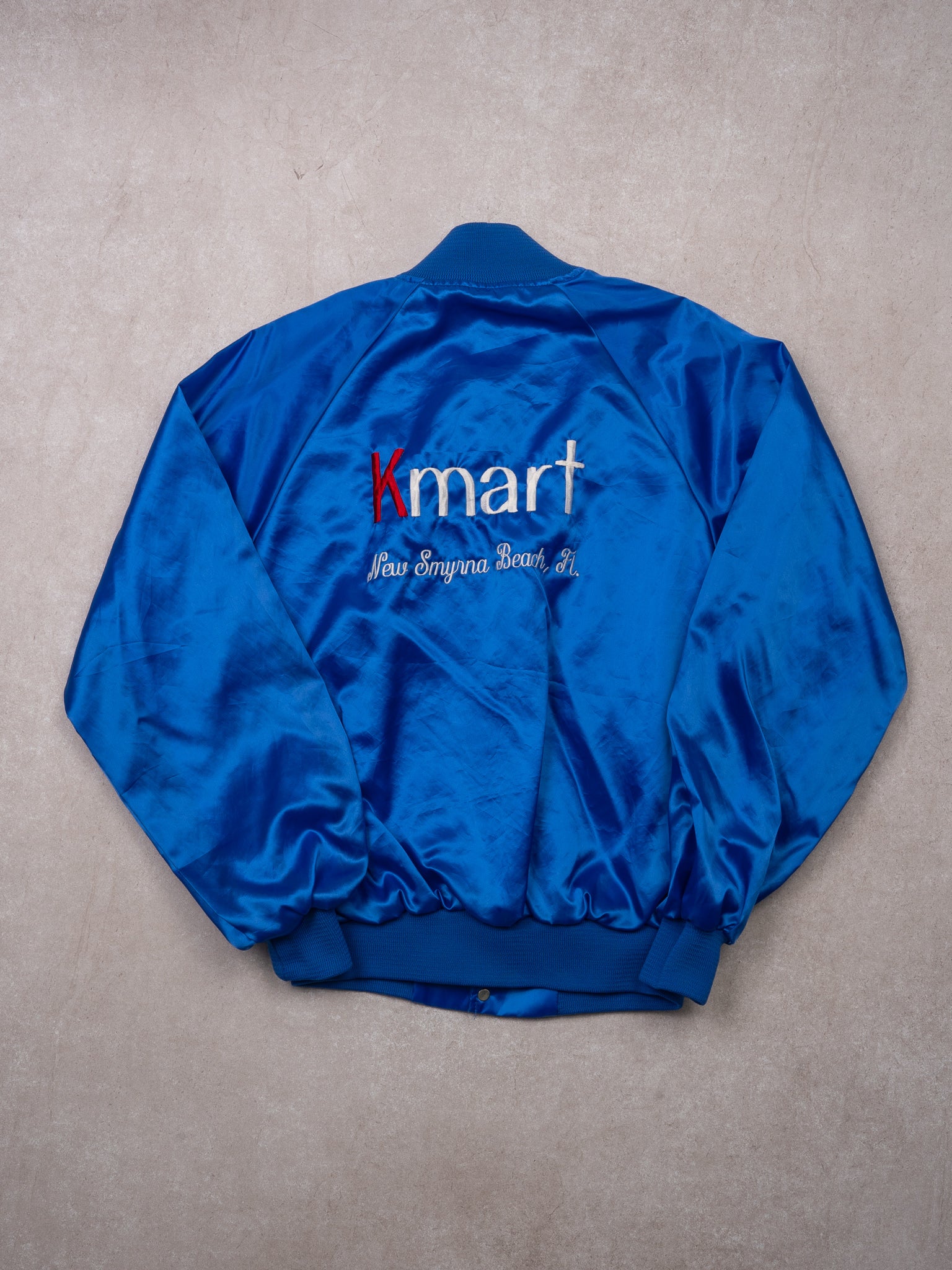 Vintage 70s Blue K Mart New Smyrna Beach FL Satin Bomber (M)