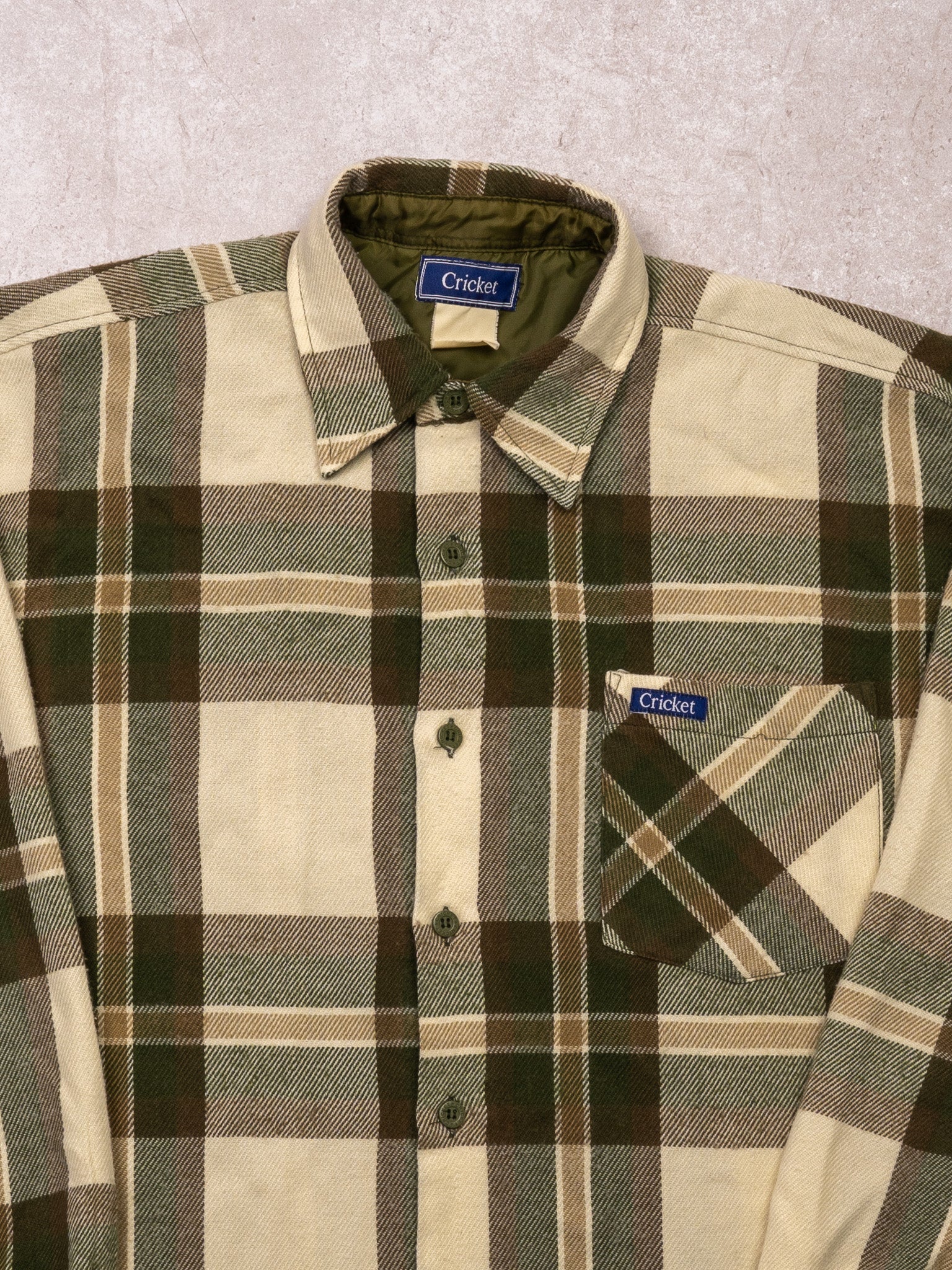 Vintage 70s Beige + Green Cricket Plaid Button Up (L)