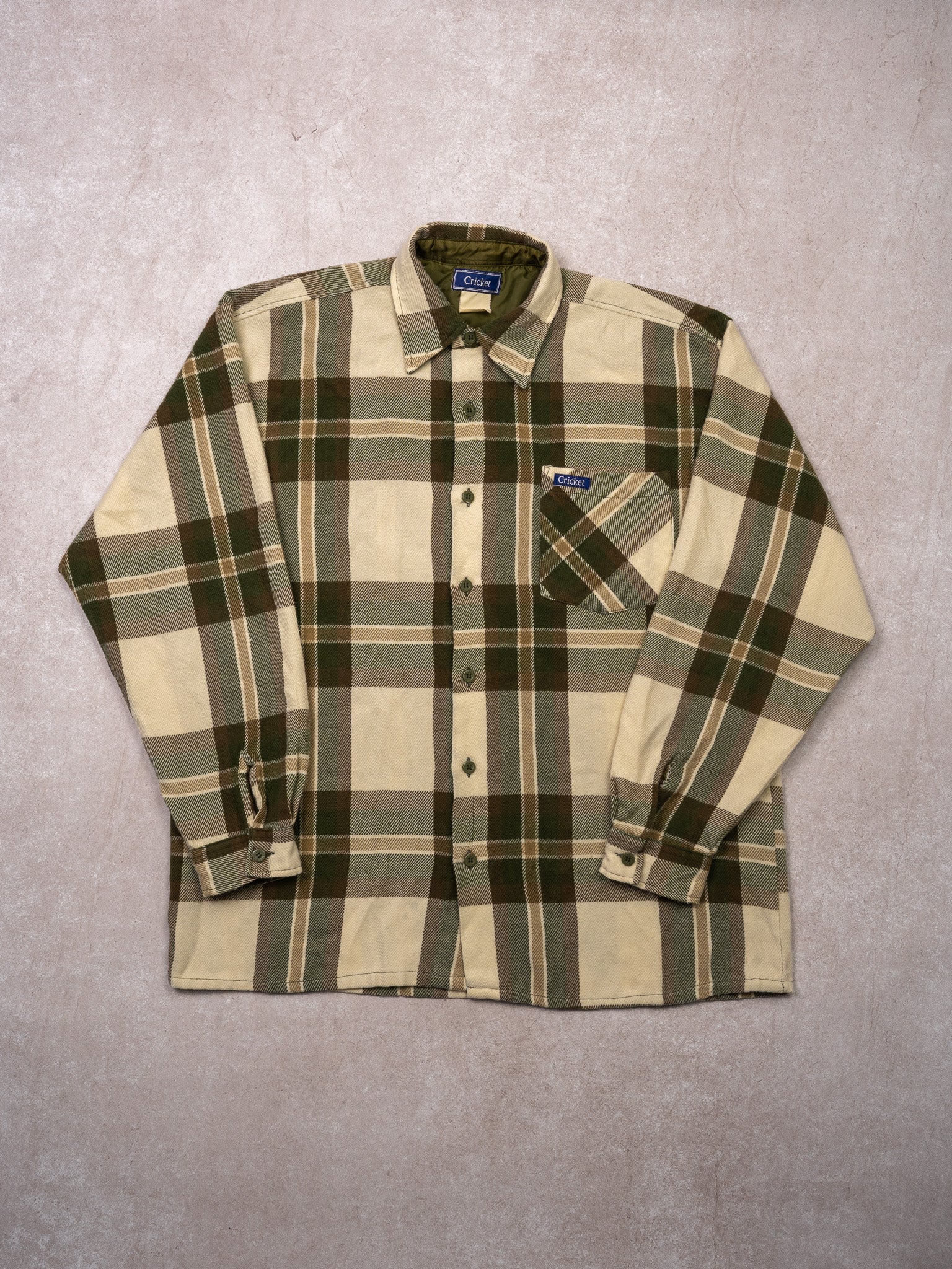 Vintage 70s Beige + Green Cricket Plaid Button Up (L)