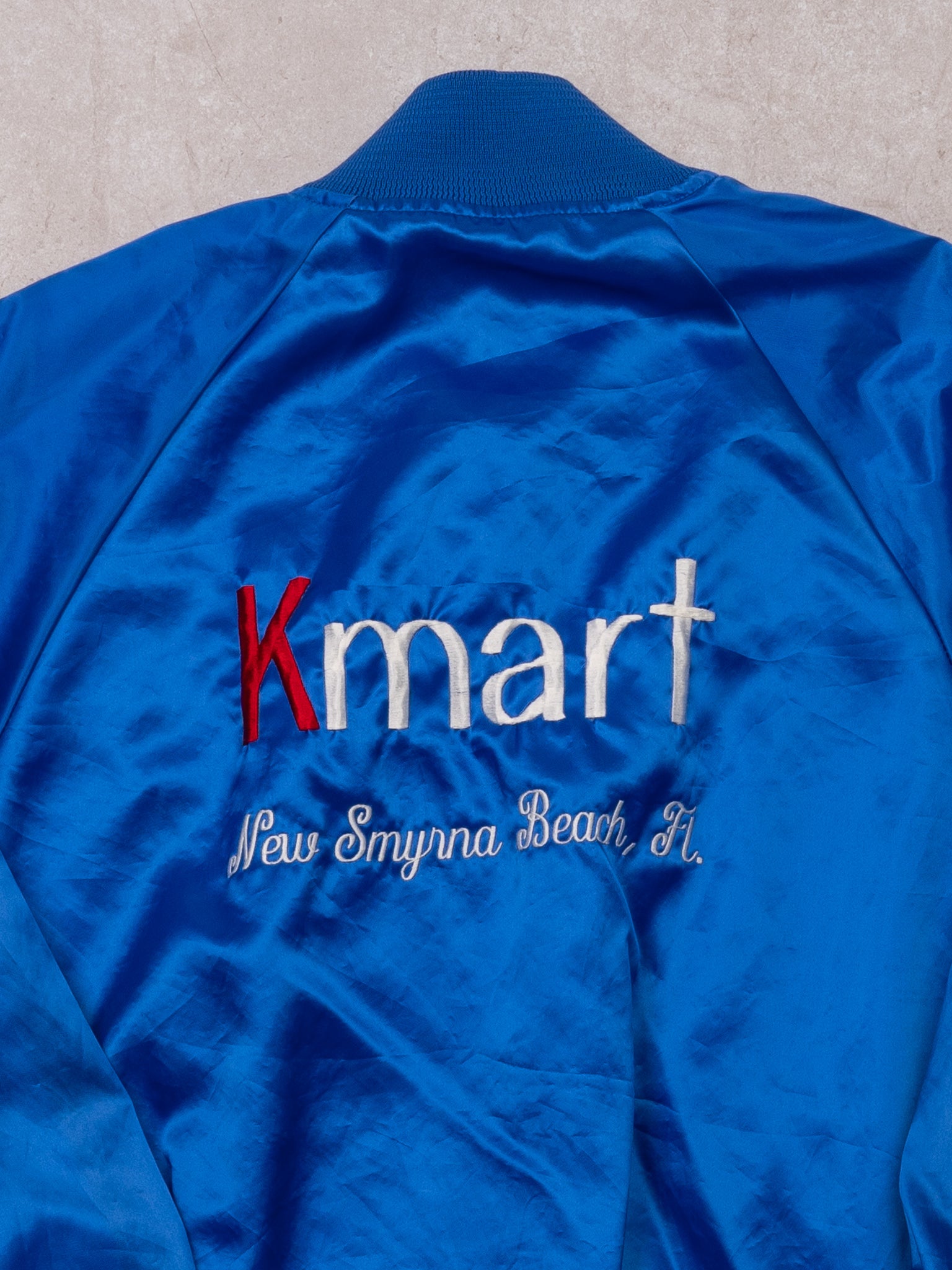 Vintage 70s Blue K Mart New Smyrna Beach FL Satin Bomber (M)