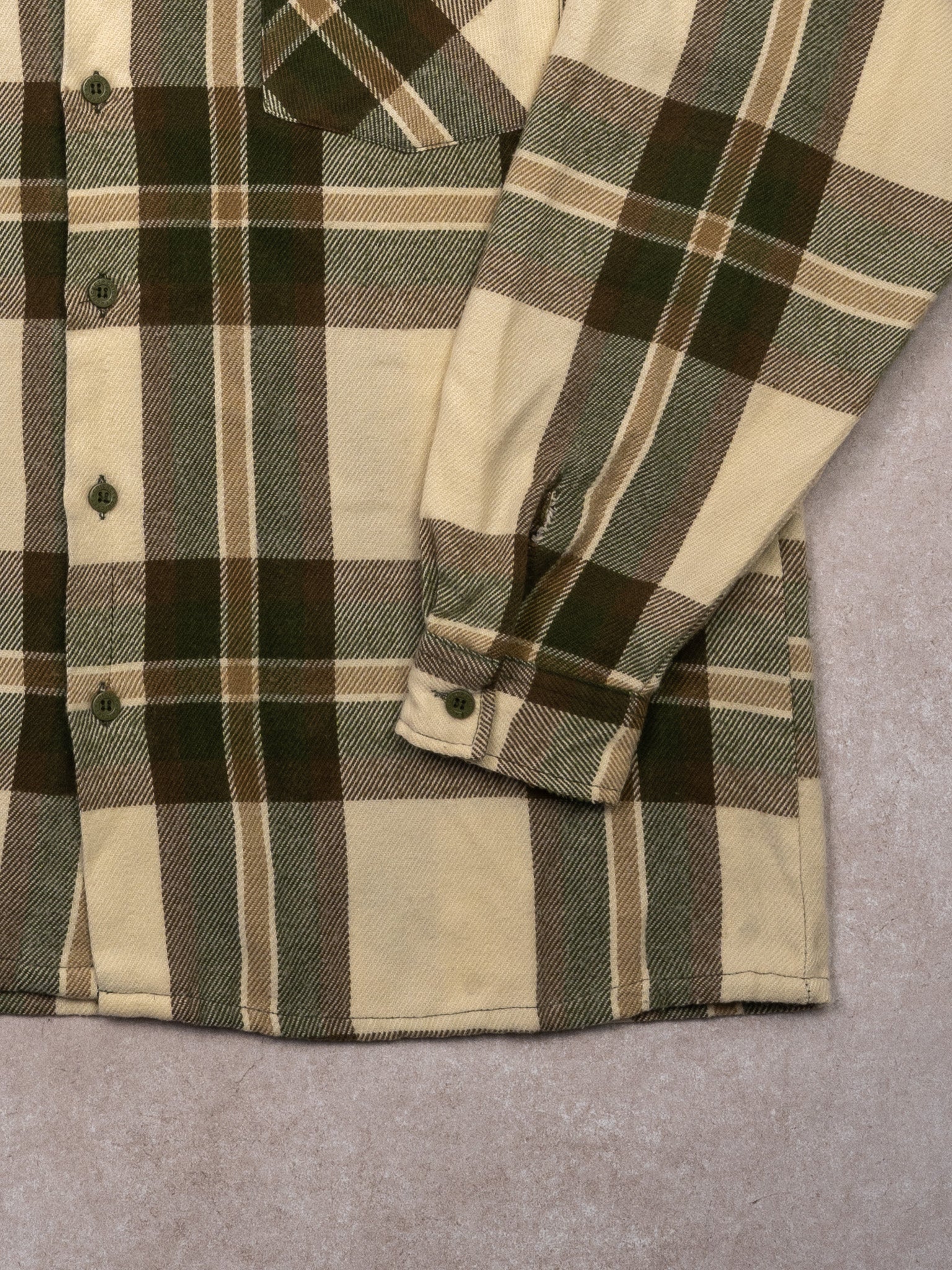 Vintage 70s Beige + Green Cricket Plaid Button Up (L)