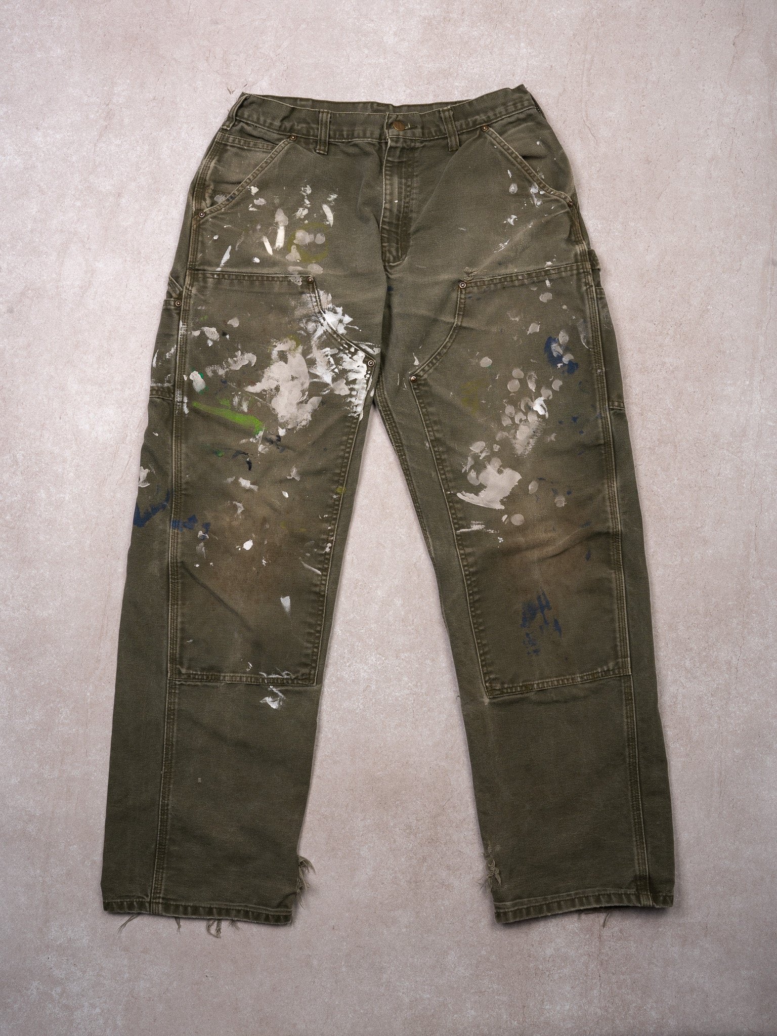 Vintage Moss Green Carhartt Paint Splashed Double Knee Cargo Pants (33 x 32)