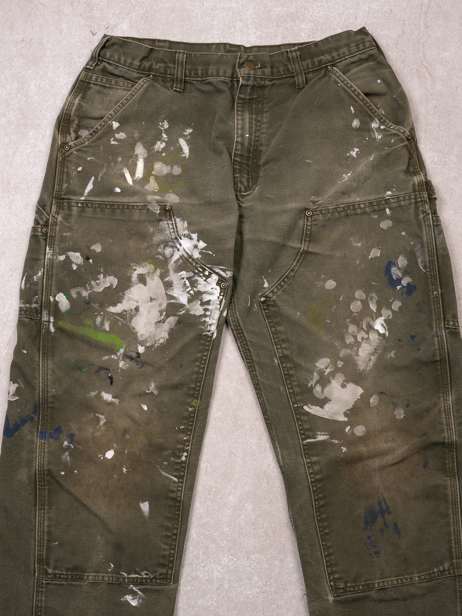 Vintage Moss Green Carhartt Paint Splashed Double Knee Cargo Pants (33 x 32)