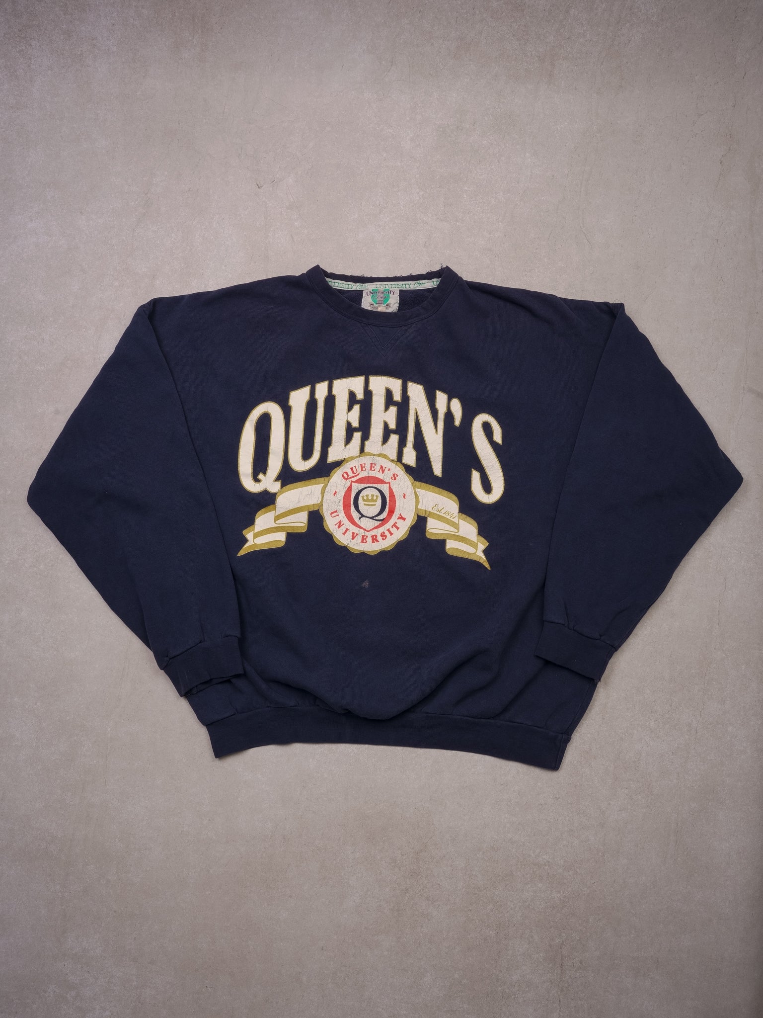 Vintage 90s Navy Blue Queen's University Emblem Hoodie (L)