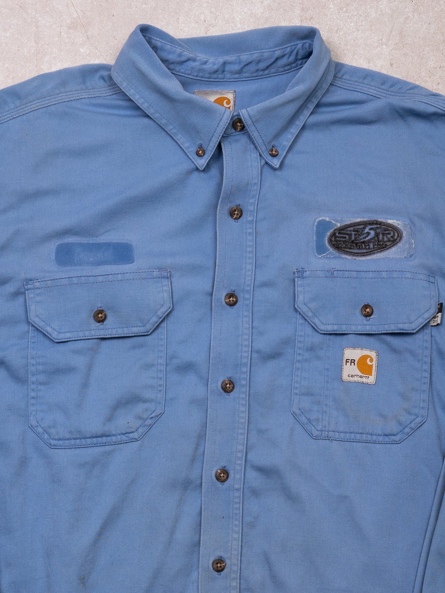 Vintage Rugged Baby Blue Carhartt FR Button Up (XL)