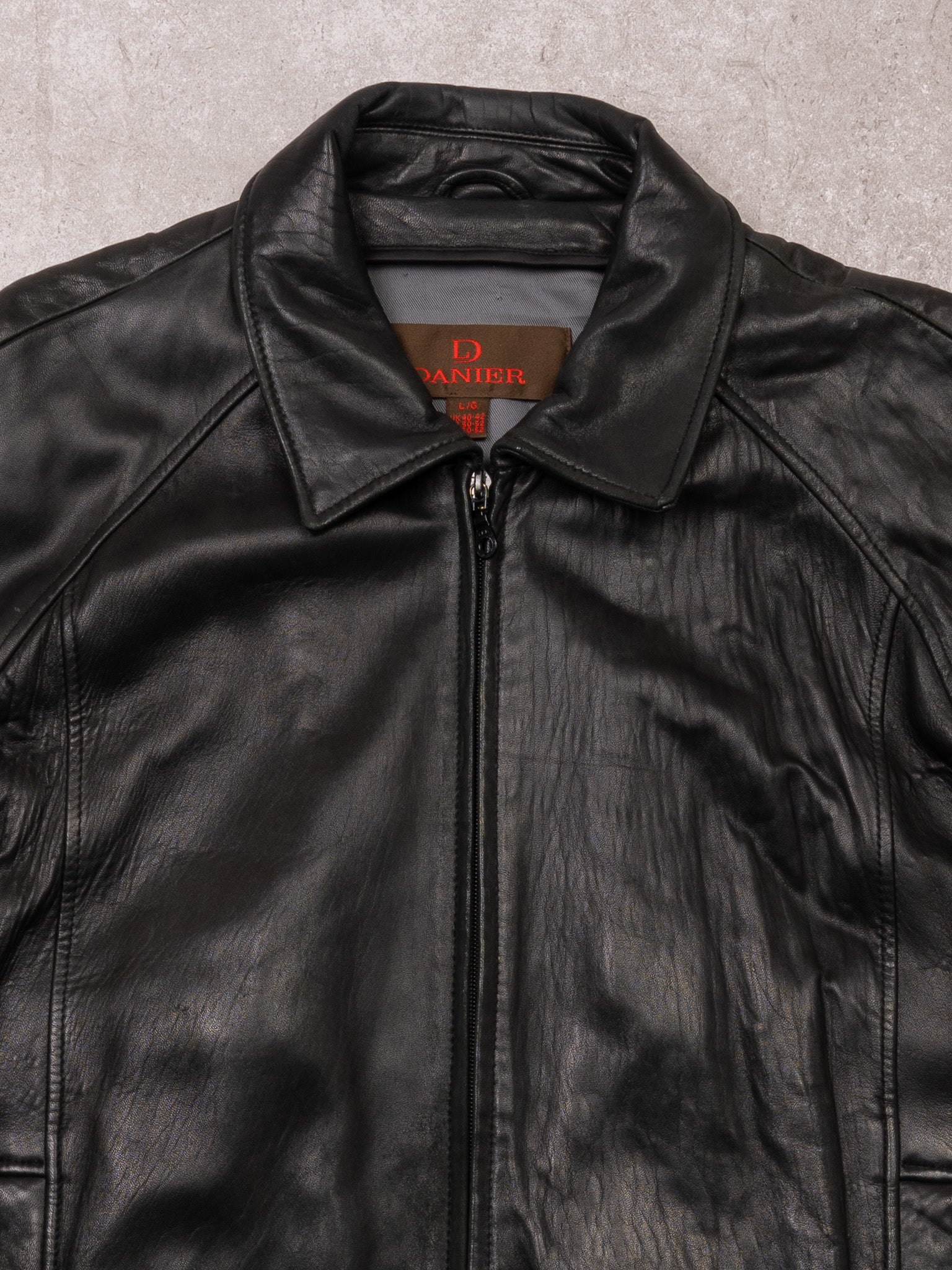Vintage Black Danier Collared Leather Bomber Jacket (L)