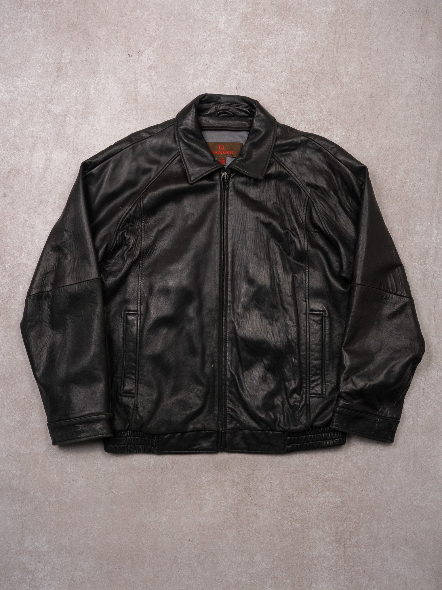 Vintage Black Danier Collared Leather Bomber Jacket (L)