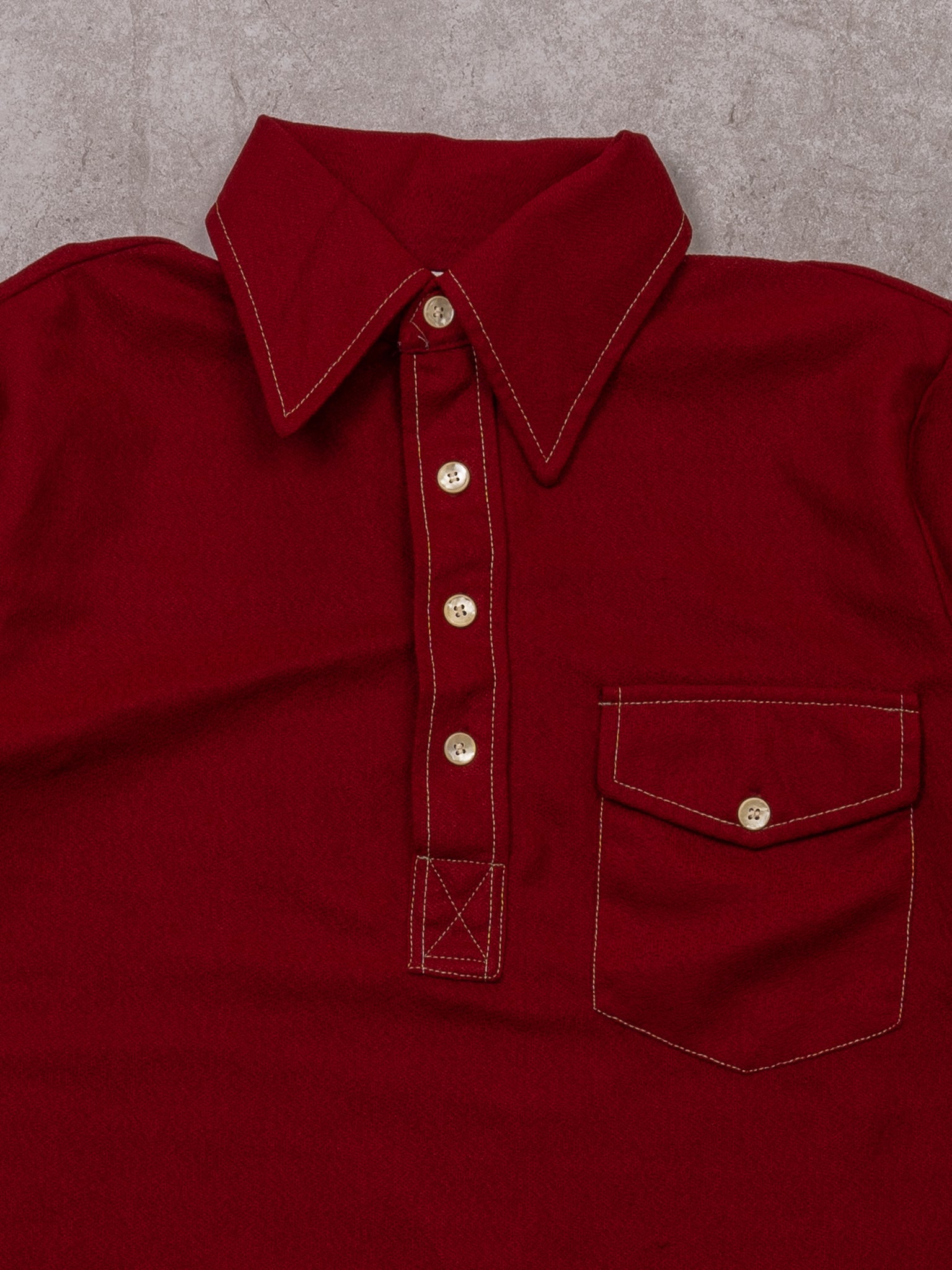 Vintage 70s Maroon + Beige Stitching Polo Dress Shirt (S)