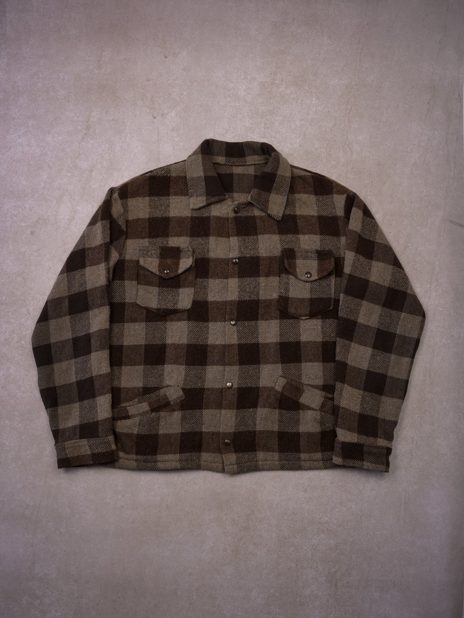 Vintage 90s Chocolate + Mocha Plaid Wool Flannel (XL)