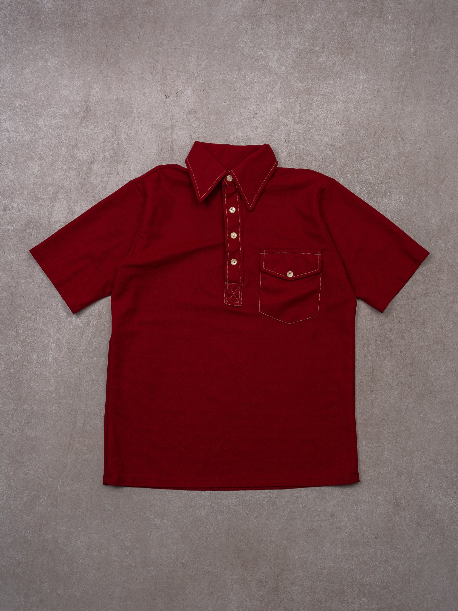 Vintage 70s Maroon + Beige Stitching Polo Dress Shirt (S)