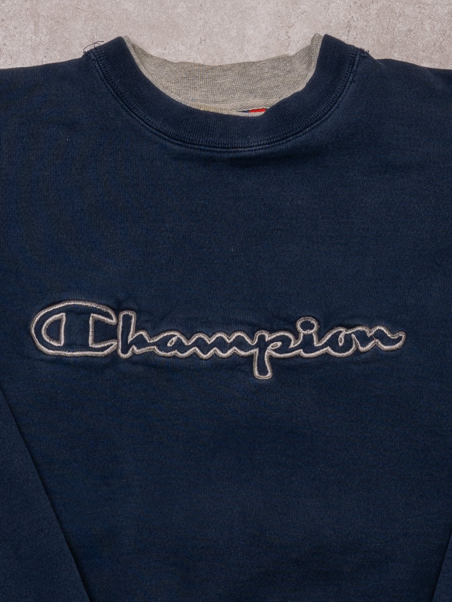 Vintage Y2K Blue + Grey Champion Spellout Crewneck (M)