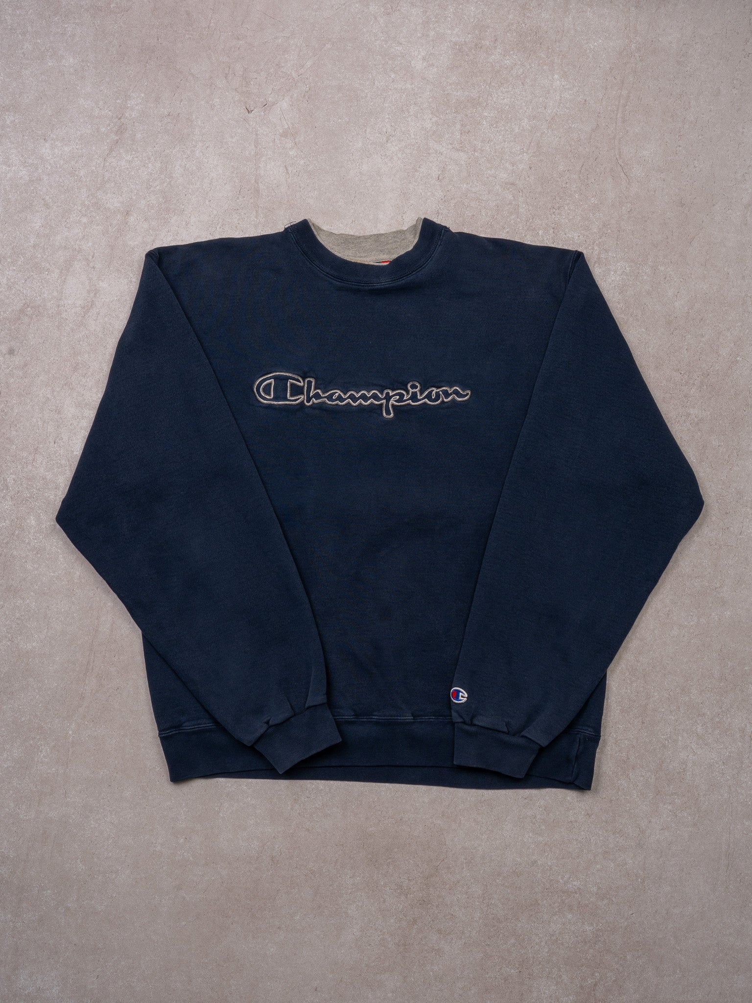 Vintage Y2K Blue + Grey Champion Spellout Crewneck (M)