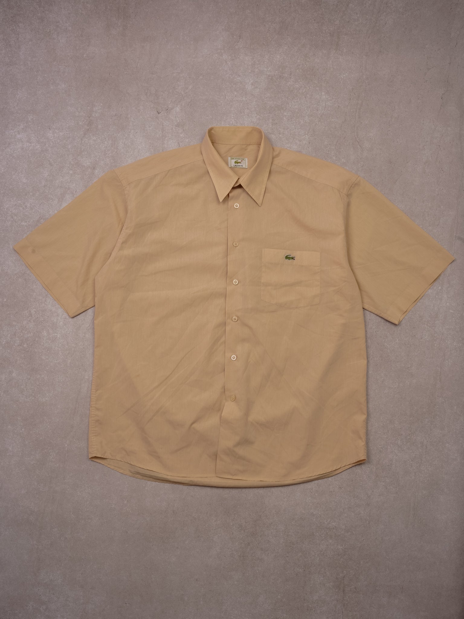 Vintage 80s Lacoste Beige Collared Short Sleeve Button Up (L)