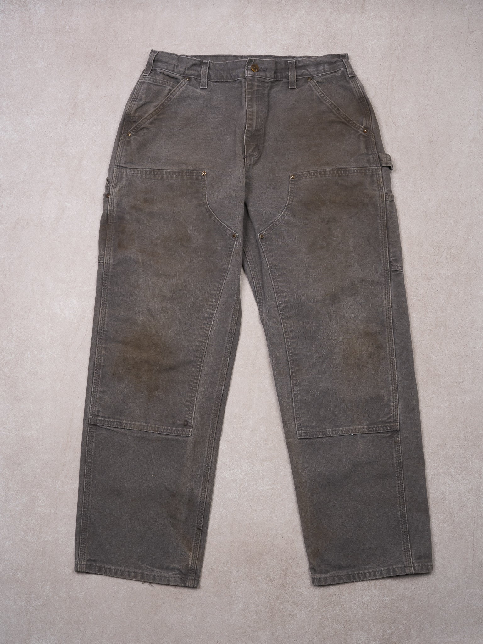 Vintage Rugged Grey Carhartt Double Knee Dungaree Cargo Pants (34 x  30)