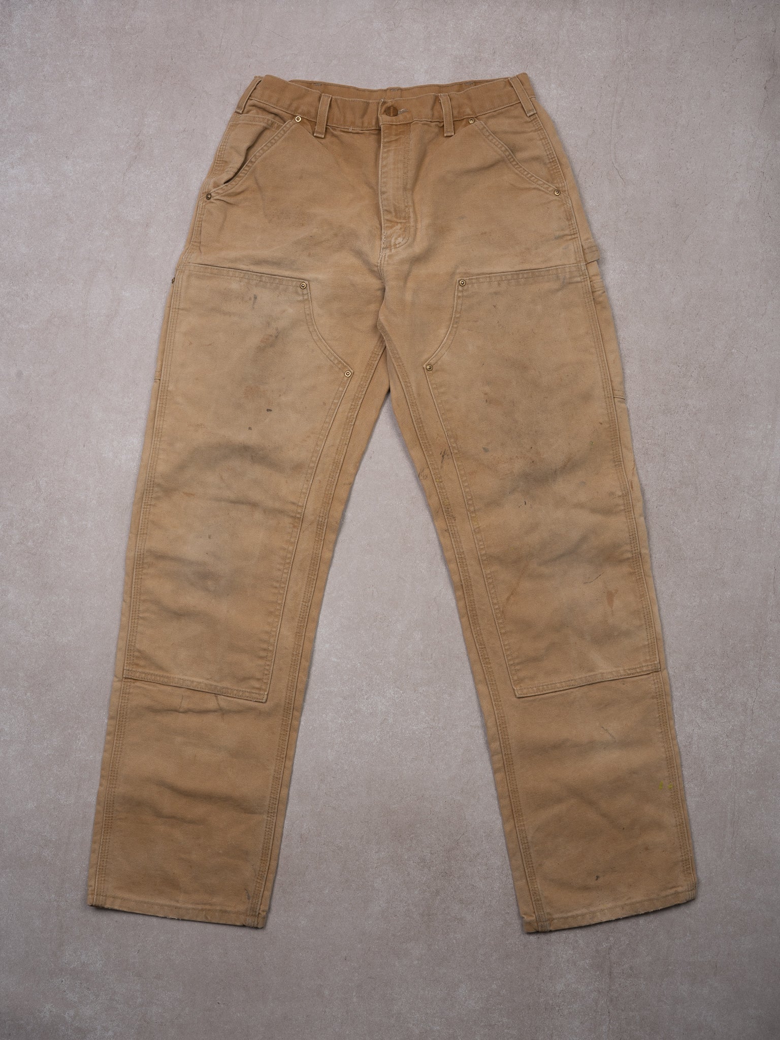 Vintage Light Washed Beige Carhartt Double Knee Dungaree Cargo Pants (30 x 32)