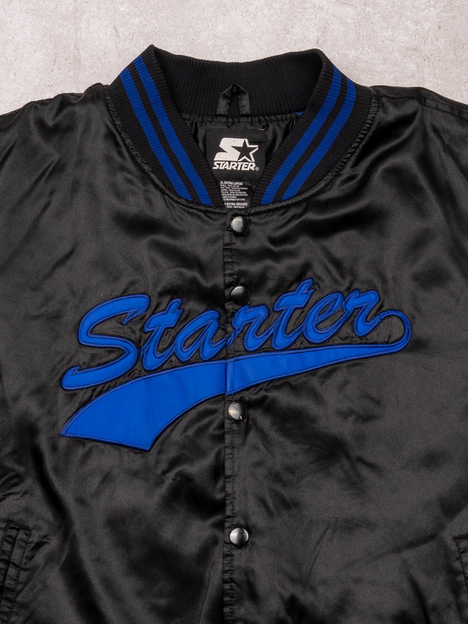 Vintage 90s Black + Blue Starter Satin Bomber Jacket (XL)