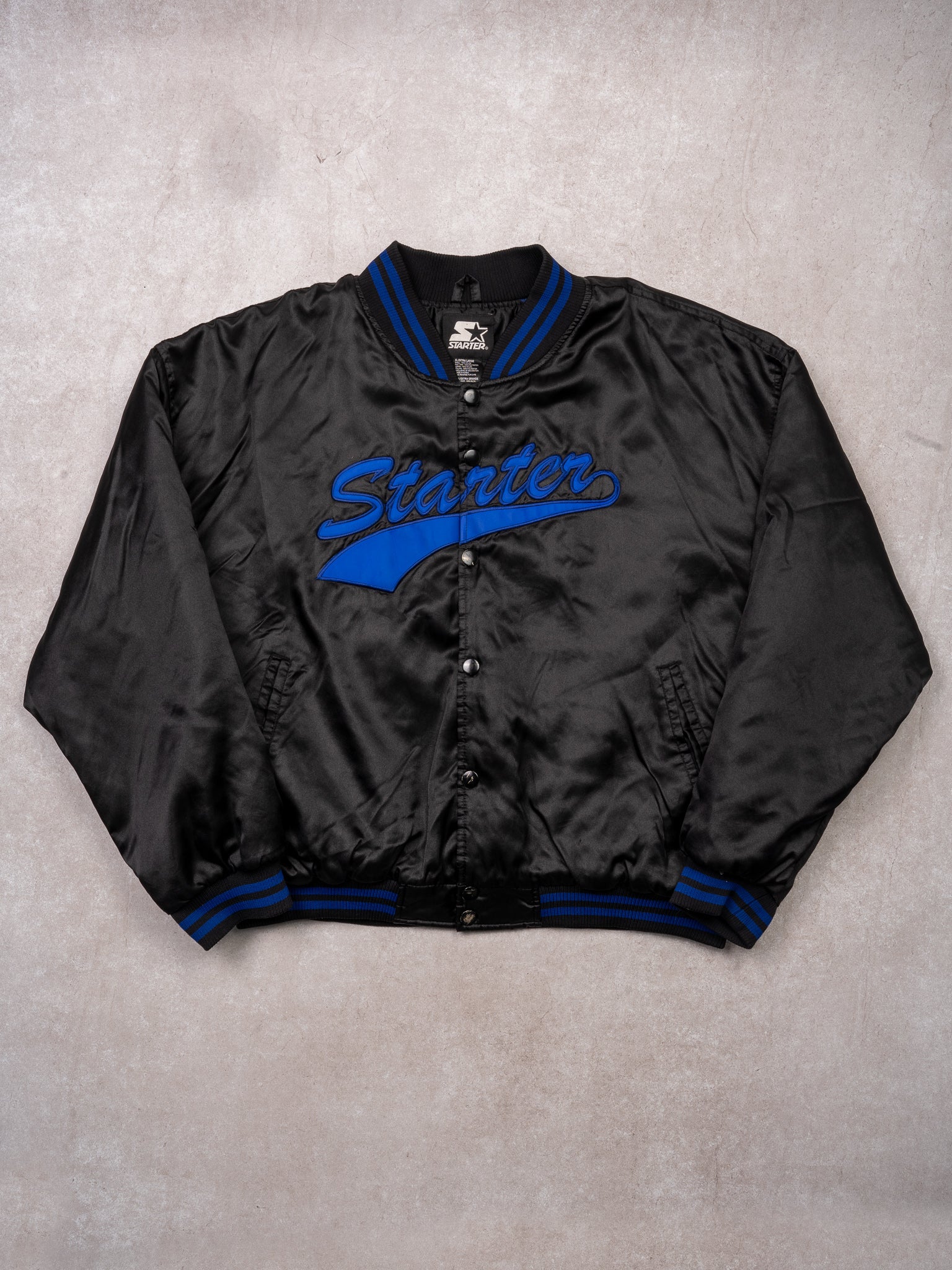 Vintage 90s Black + Blue Starter Satin Bomber Jacket (XL)