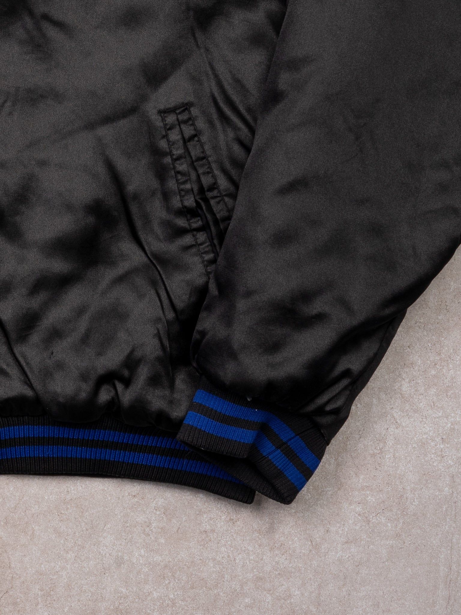 Vintage 90s Black + Blue Starter Satin Bomber Jacket (XL)