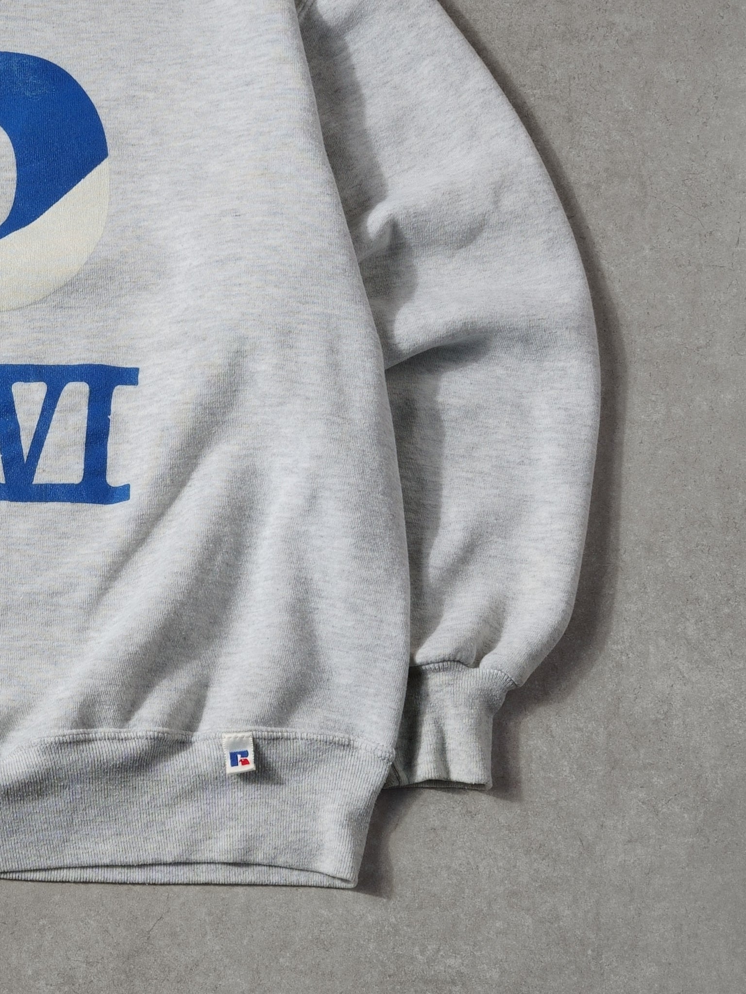 Vintage 90s Grey and Blue P VI #6 Russell Athletics Crewneck (M)