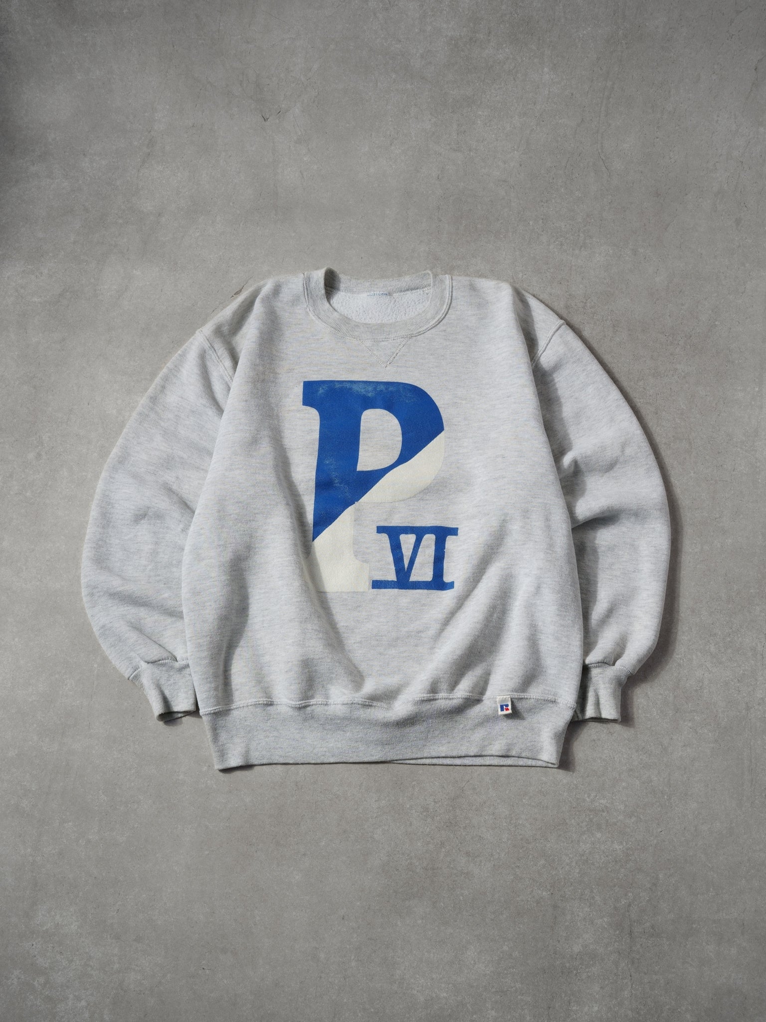 Vintage 90s Grey and Blue P VI #6 Russell Athletics Crewneck (M)