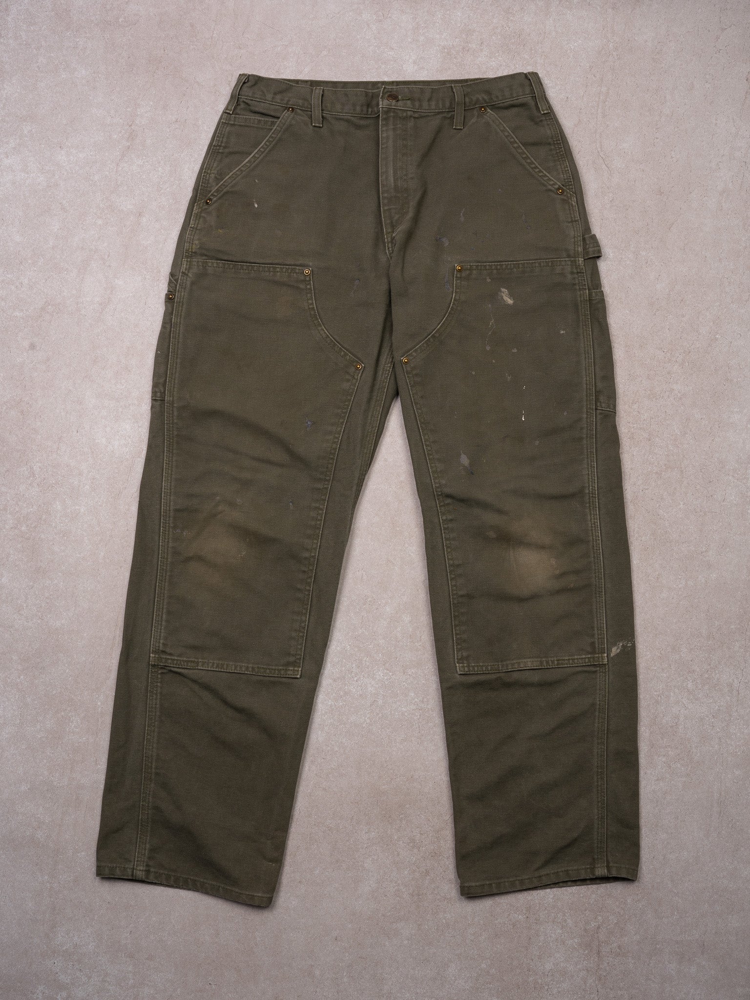 Vintage Moss Green Carhartt Double Knee Paint Splash Cargo Pants (33 x 32)