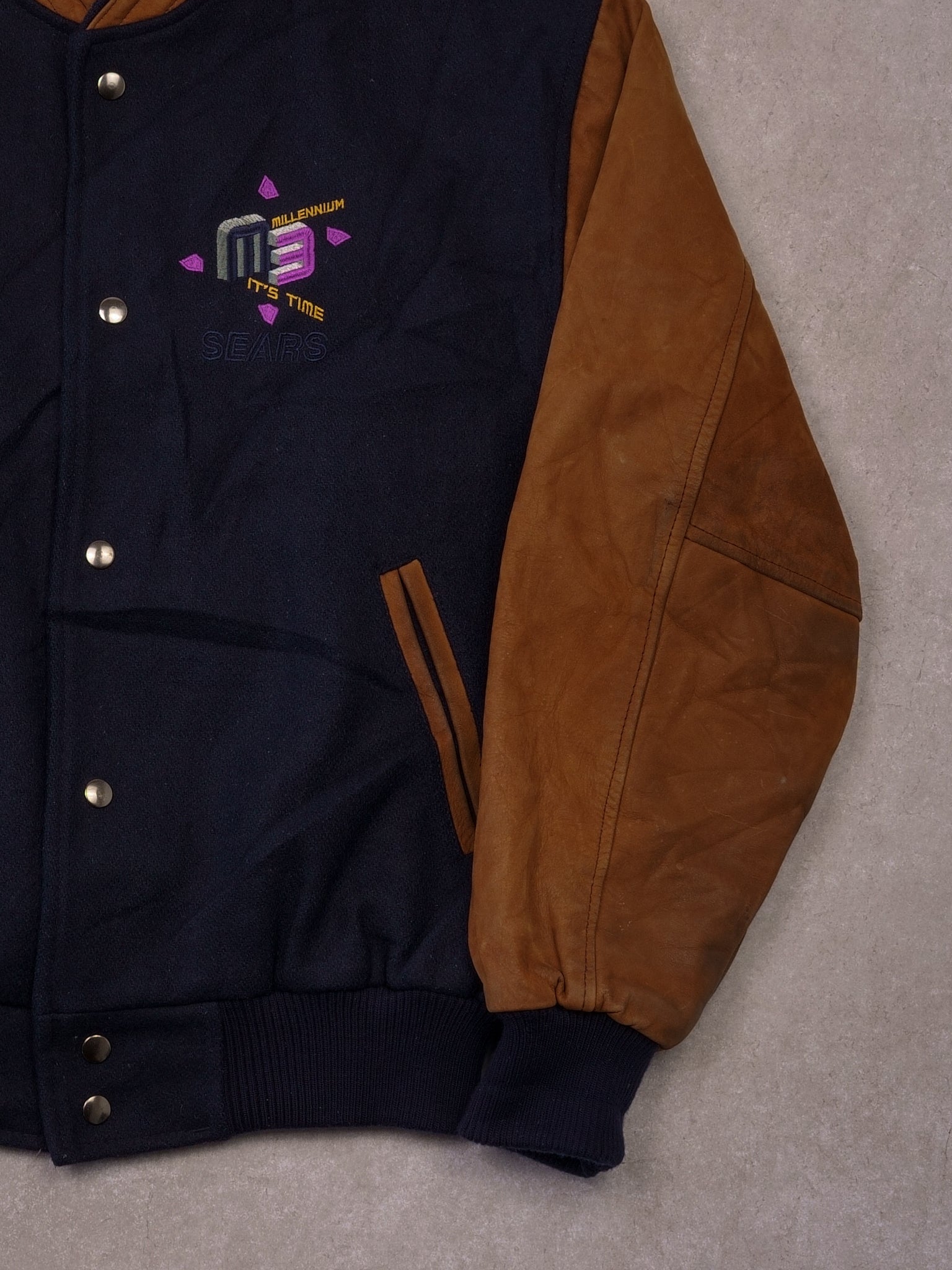 Vintage 90s Navy and Brown Sears Millenium M3 Varisty Jacket (S/M)