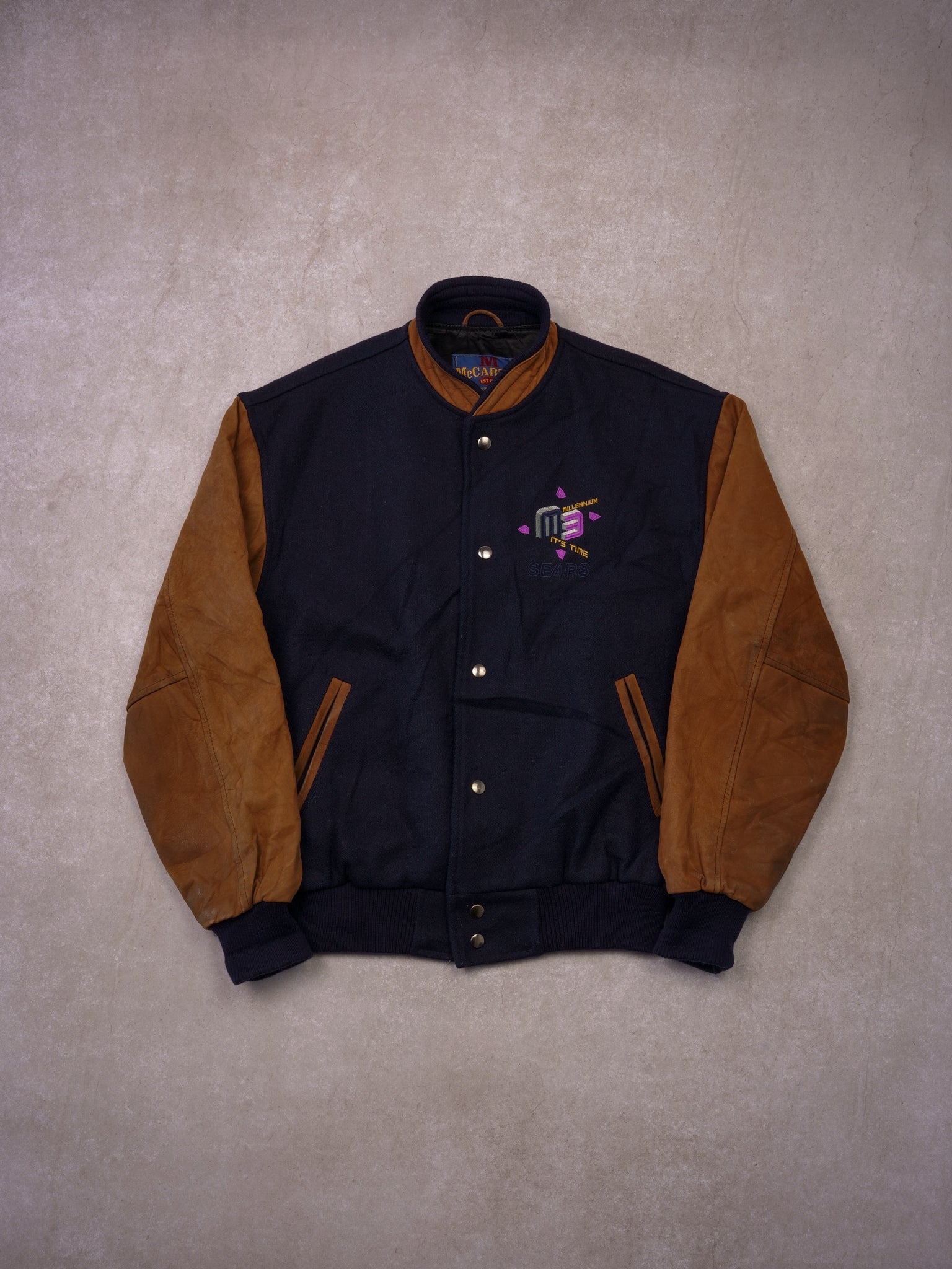 Vintage 90s Navy and Brown Sears Millenium M3 Varisty Jacket (S/M)