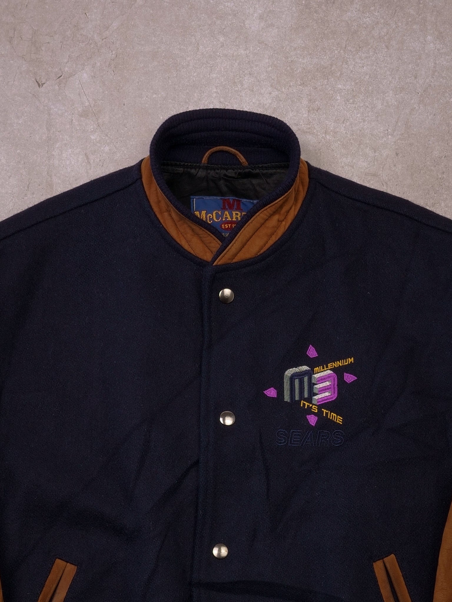 Vintage 90s Navy and Brown Sears Millenium M3 Varisty Jacket (S/M)