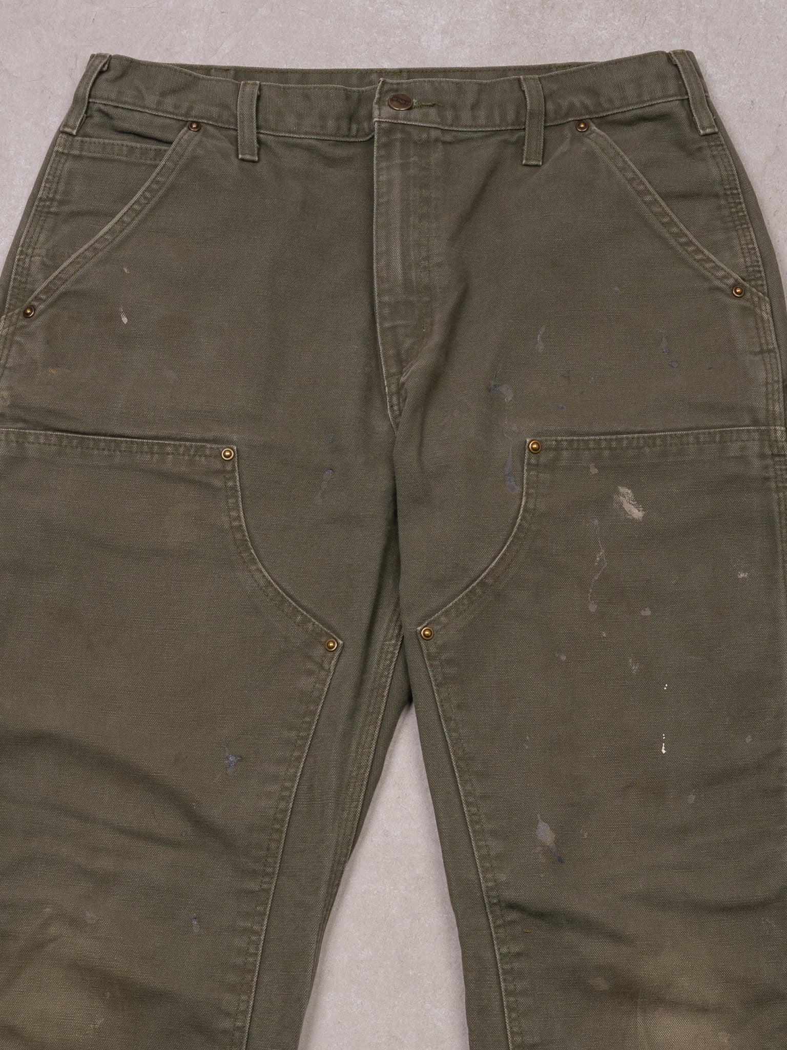 Vintage Moss Green Carhartt Double Knee Paint Splash Cargo Pants (33 x 32)